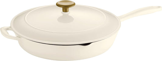 12-inch Tramontina Enameled Cast Iron Skillet with Lid - Latte Color and Gold Knob