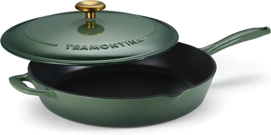 12-inch Tramontina Enameled Cast Iron Skillet with Lid and Gold Knob in Cactus Green Color