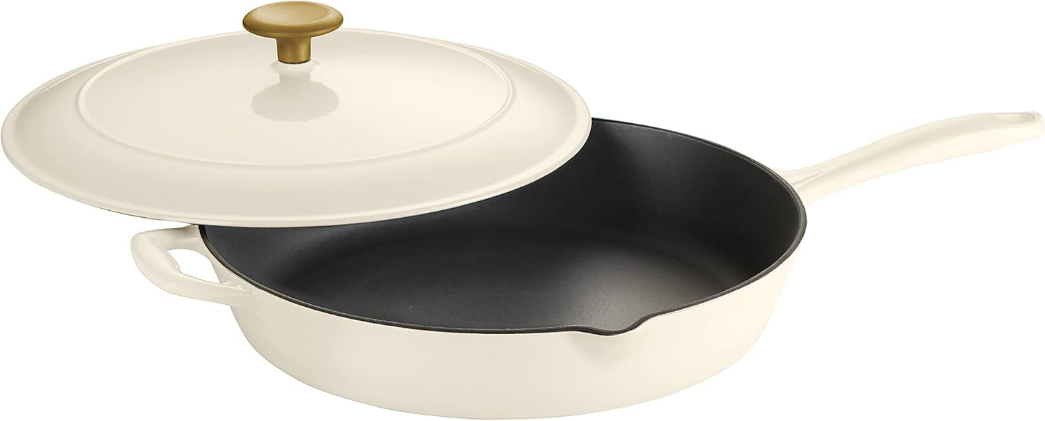 12-inch Tramontina Enameled Cast Iron Skillet with Lid - Latte Color and Gold Knob