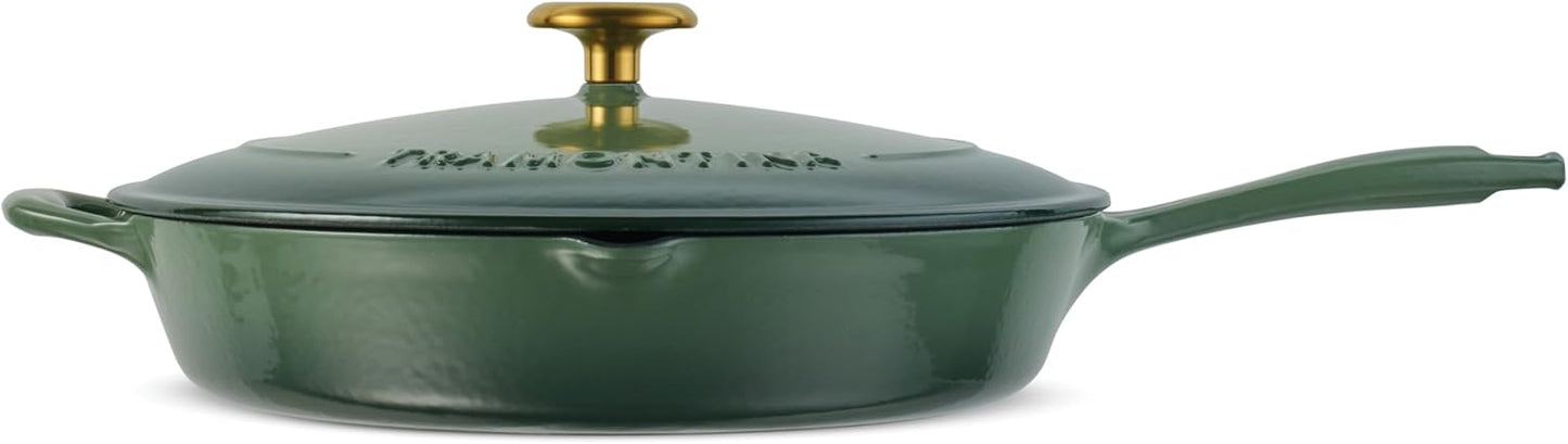 12-inch Tramontina Enameled Cast Iron Skillet with Lid and Gold Knob in Cactus Green Color