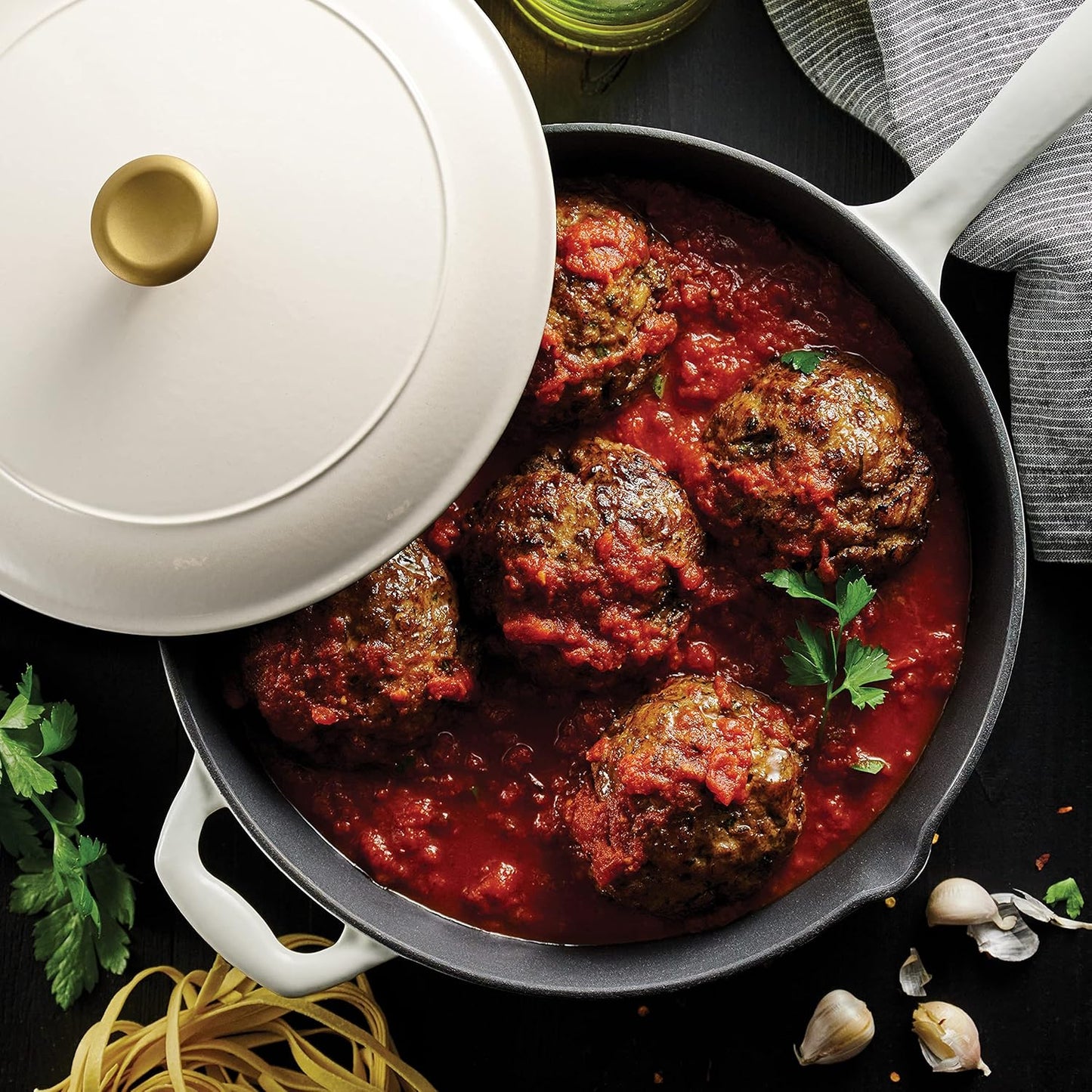 12-inch Tramontina Enameled Cast Iron Skillet with Lid - Latte Color and Gold Knob