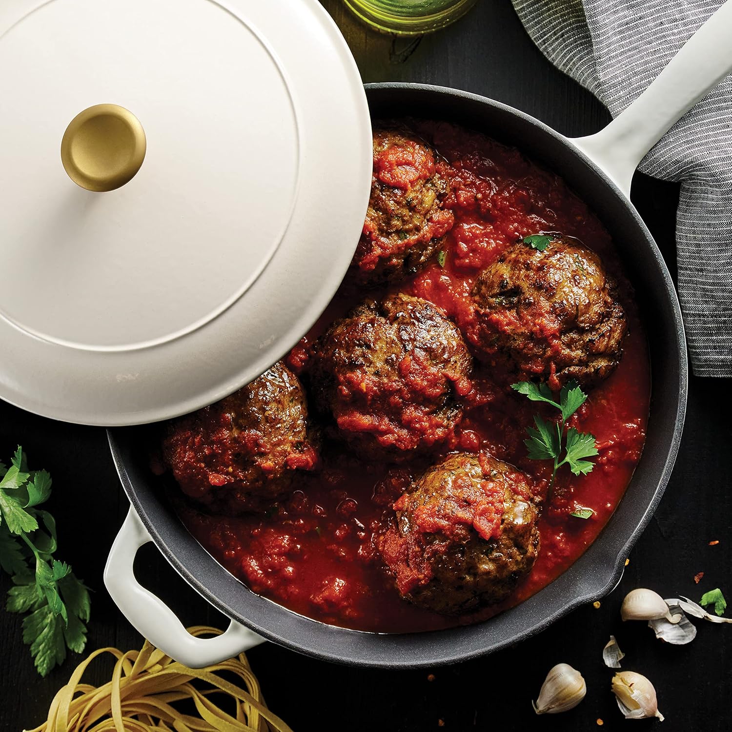 12-inch Tramontina Enameled Cast Iron Skillet with Lid - Latte Color and Gold Knob