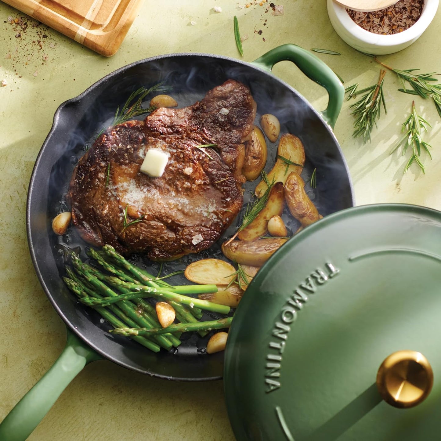 12-inch Tramontina Enameled Cast Iron Skillet with Lid and Gold Knob in Cactus Green Color