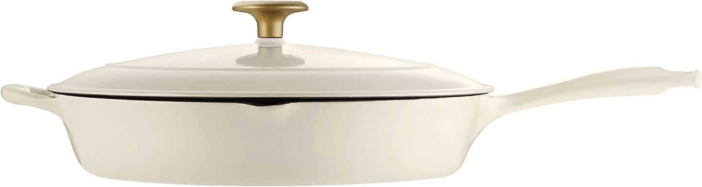 12-inch Tramontina Enameled Cast Iron Skillet with Lid - Latte Color and Gold Knob