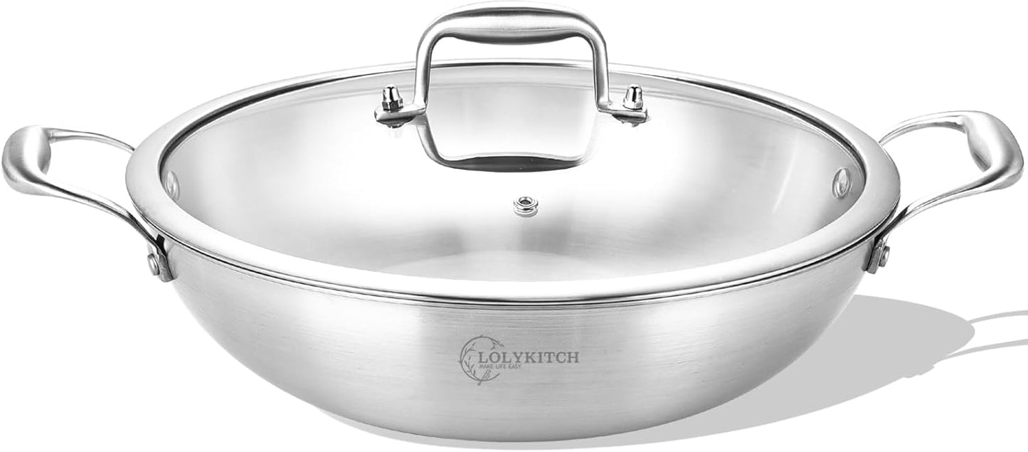 12 Inch Tri-Ply Stainless Steel Wok Pan with Lid, 5 QT Kadai Pan for Induction Cooking, Heavy Duty Jumbo Cooker - Dishwasher and Oven Safe