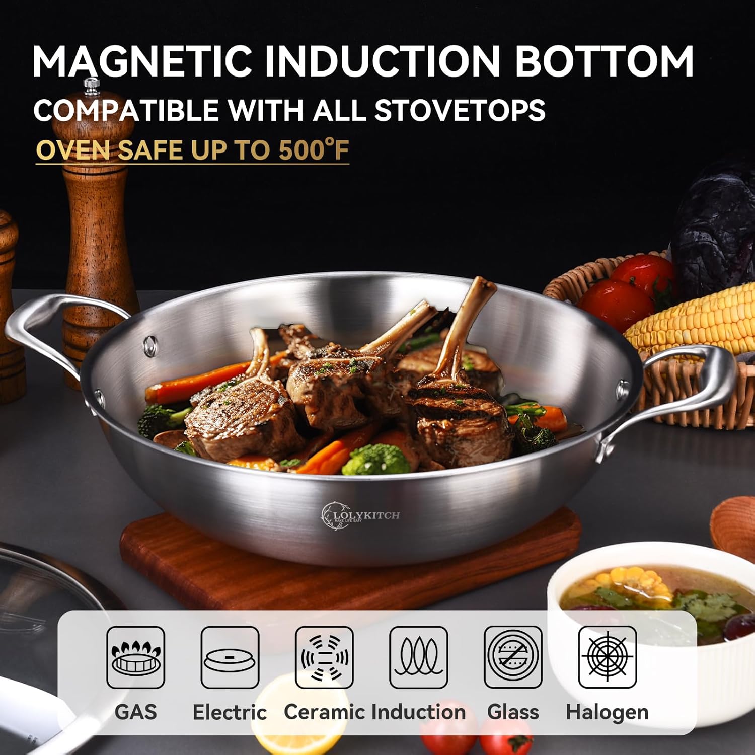 12 Inch Tri-Ply Stainless Steel Wok Pan with Lid, 5 QT Kadai Pan for Induction Cooking, Heavy Duty Jumbo Cooker - Dishwasher and Oven Safe