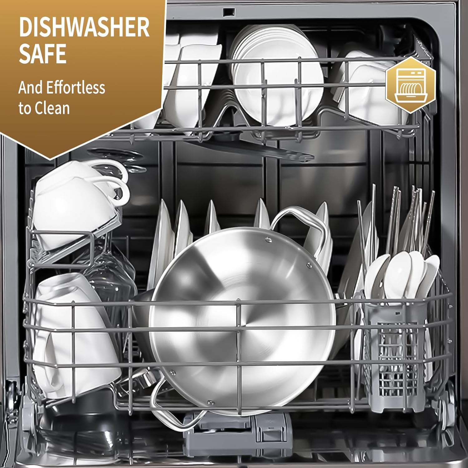 12 Inch Tri-Ply Stainless Steel Wok Pan with Lid, 5 QT Kadai Pan for Induction Cooking, Heavy Duty Jumbo Cooker - Dishwasher and Oven Safe