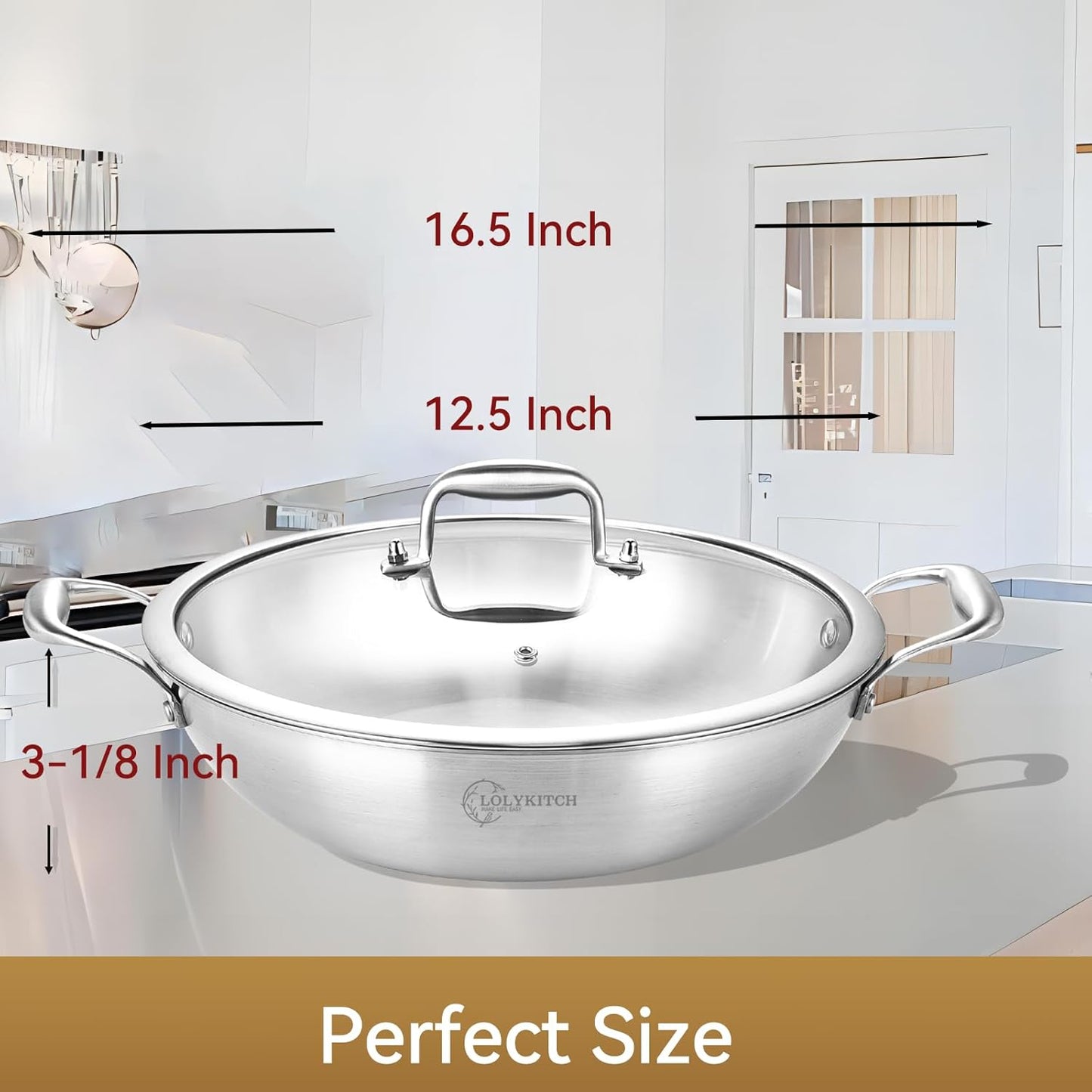 12 Inch Tri-Ply Stainless Steel Wok Pan with Lid, 5 QT Kadai Pan for Induction Cooking, Heavy Duty Jumbo Cooker - Dishwasher and Oven Safe