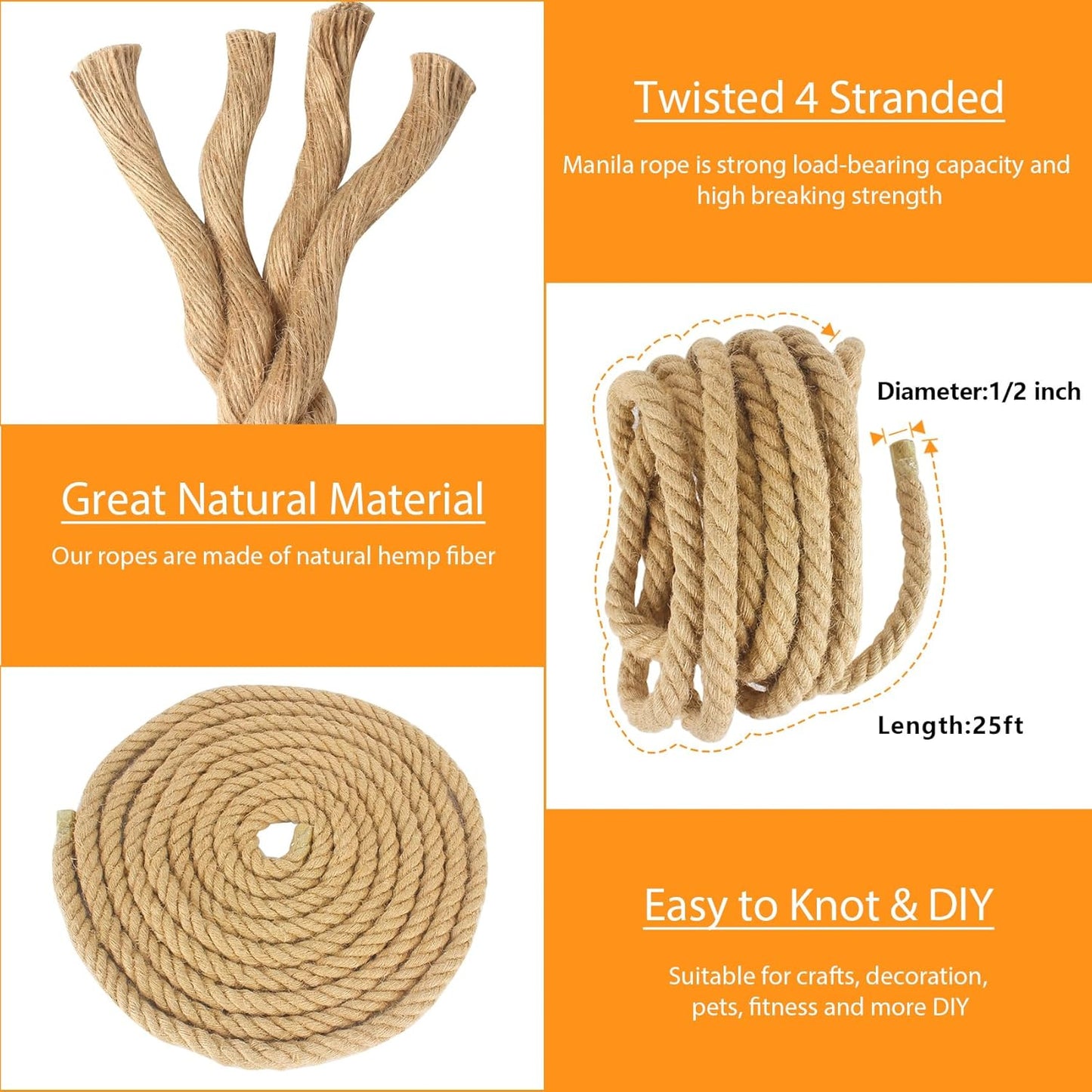 1/2 Inch X 25 Ft DEDU Hemp Rope - Twisted 4 Strand Natural Manila Rope for Crafts, Camping, DIY Projects - Heavy Duty Multipurpose Rope for Swing Bed, Tug of War, Docks