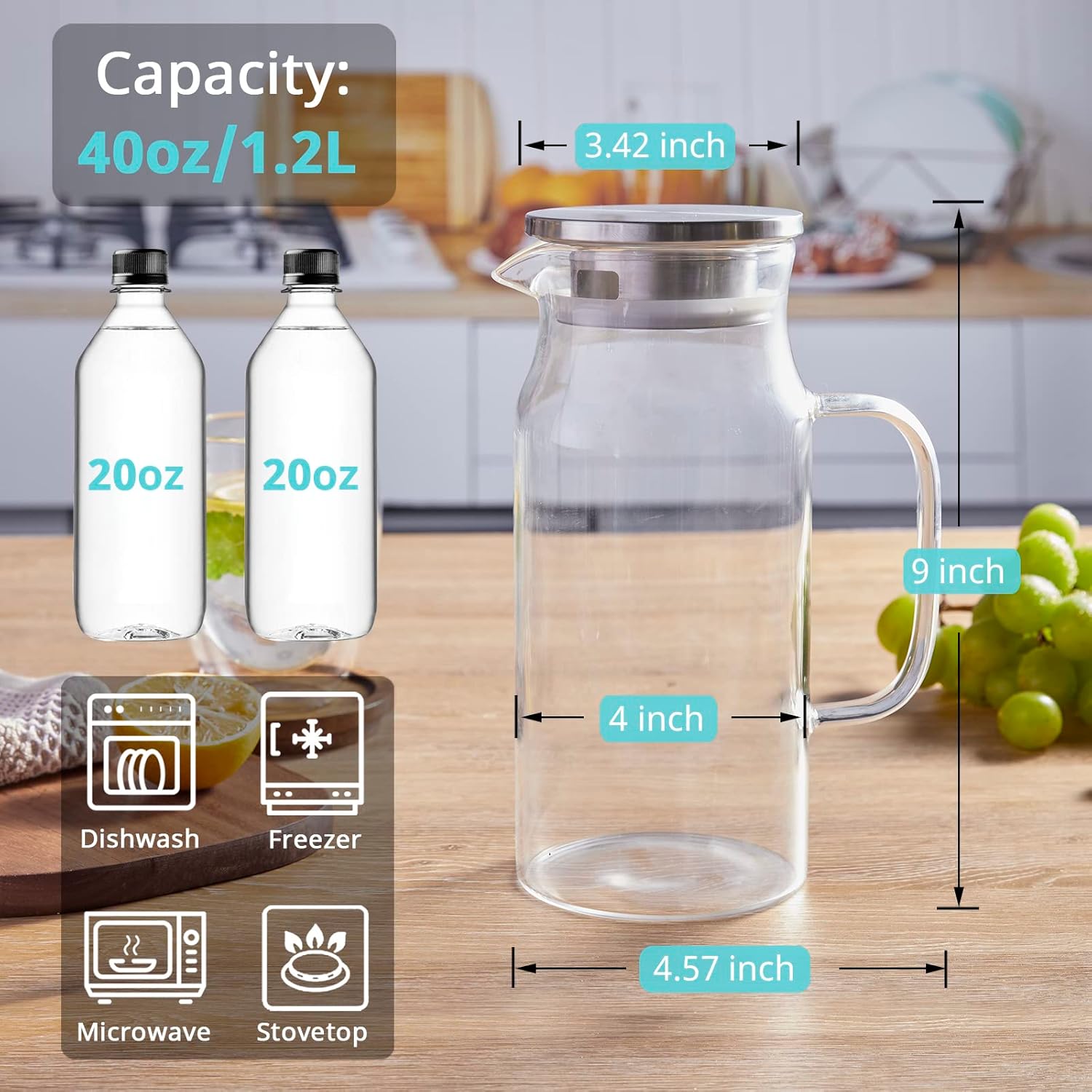 1.2 Liter Glass Pitcher with Lid and Spout - Bivvclaz Glass Water Carafe for Fridge - Hot/Cold Water, Iced Tea, Coffee, Juice & More