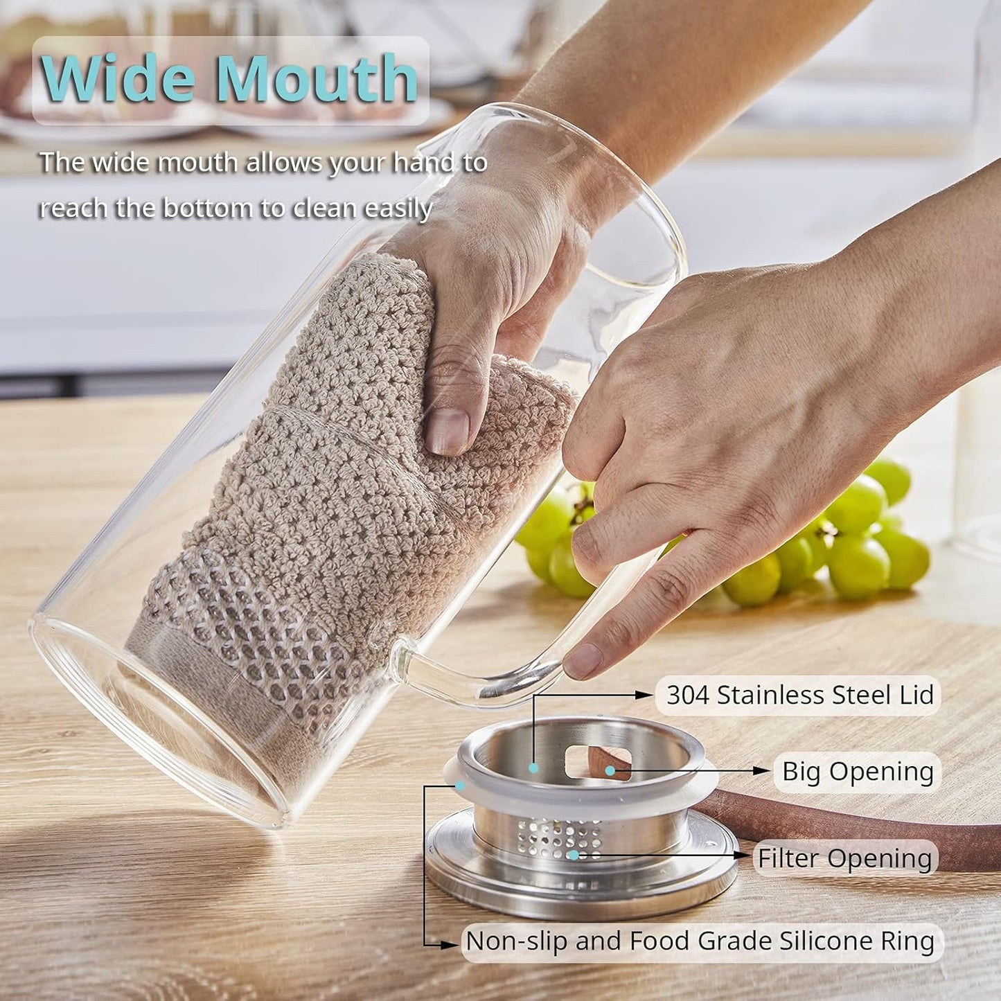 1.2 Liter Glass Pitcher with Lid and Spout - Bivvclaz Glass Water Carafe for Fridge - Hot/Cold Water, Iced Tea, Coffee, Juice & More