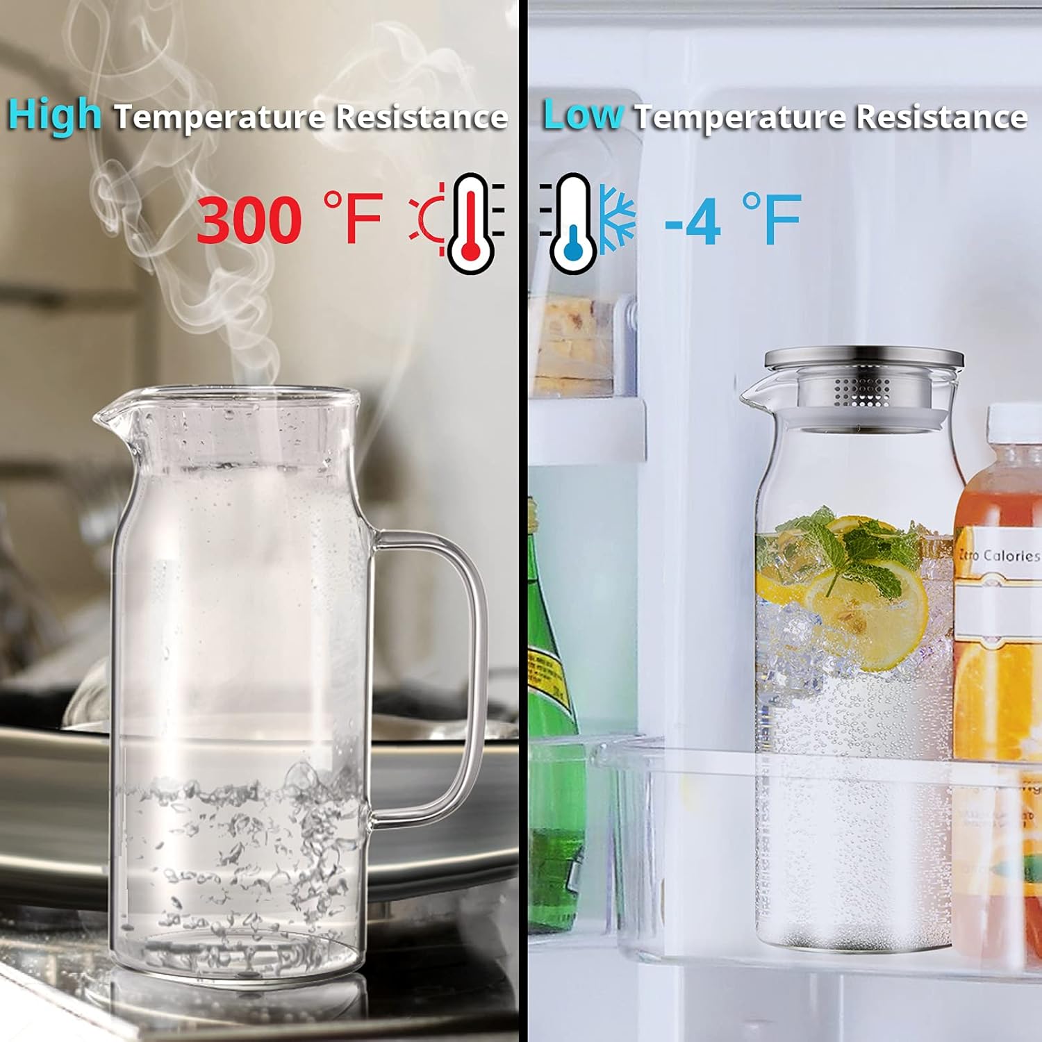 1.2 Liter Glass Pitcher with Lid and Spout - Bivvclaz Glass Water Carafe for Fridge - Hot/Cold Water, Iced Tea, Coffee, Juice & More