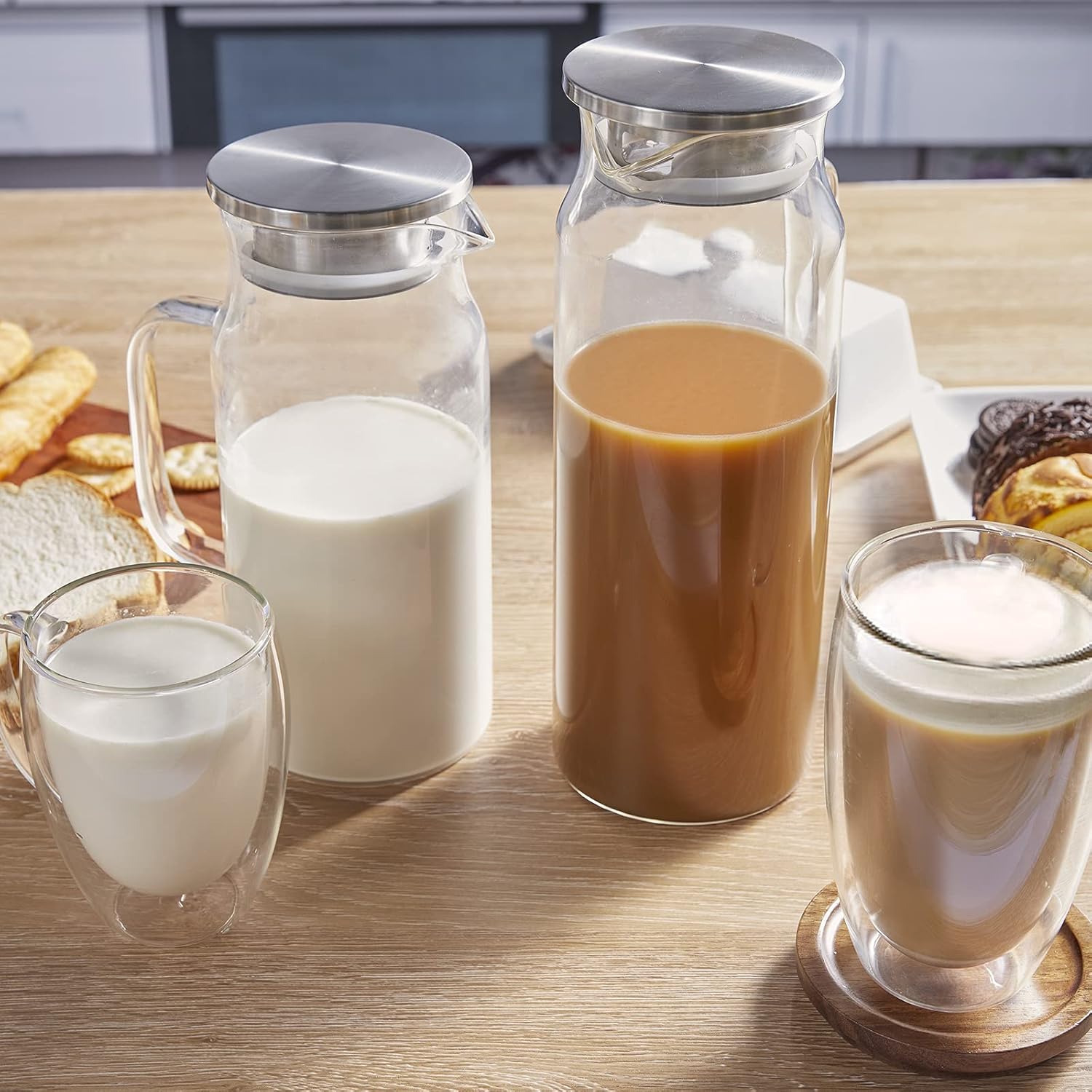 1.2 Liter Glass Pitcher with Lid and Spout - Bivvclaz Glass Water Carafe for Fridge - Hot/Cold Water, Iced Tea, Coffee, Juice & More