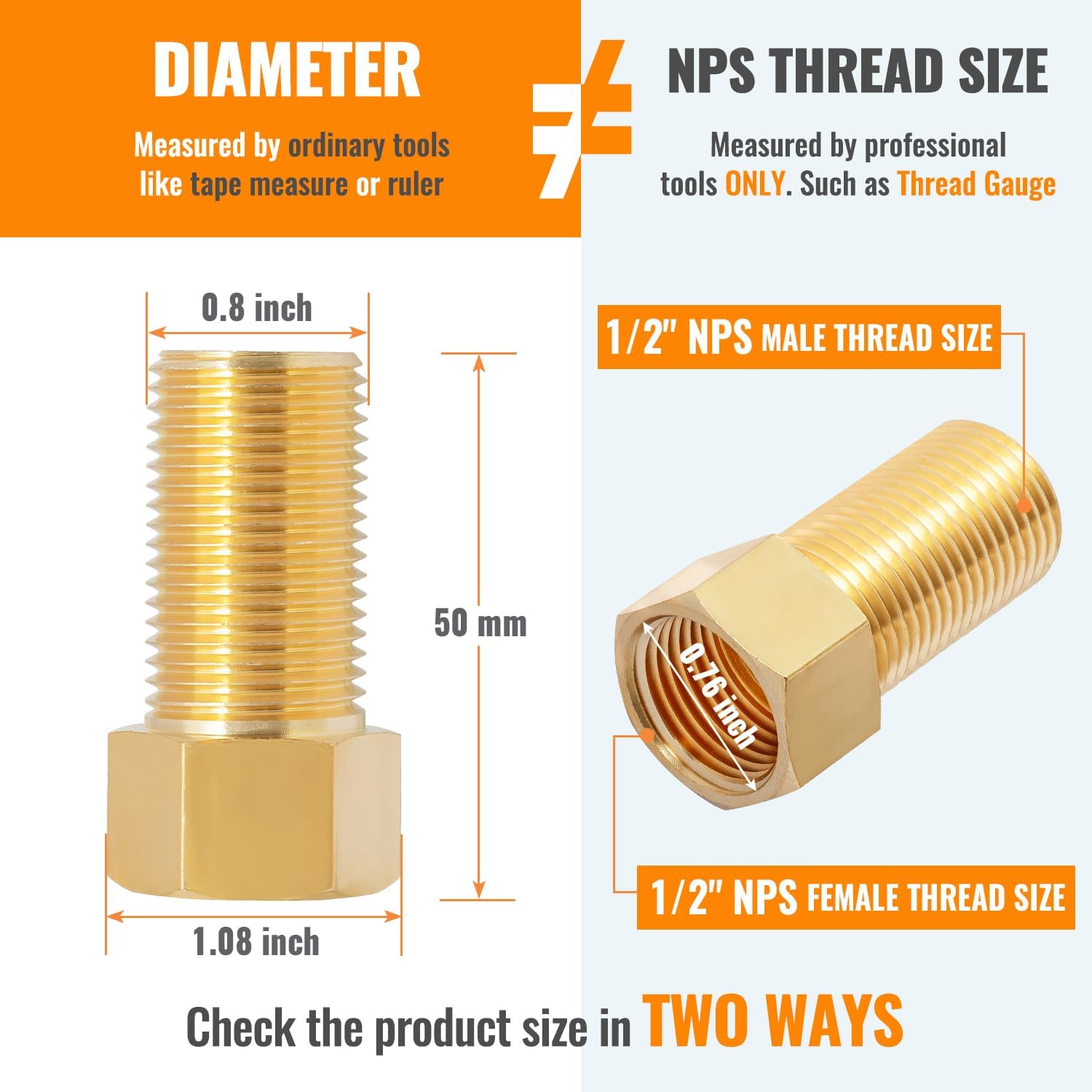 1/2'' Male to Female Brass Pipe Extension Fittings for Tub Spout - 2 Pcs, 50MM Length