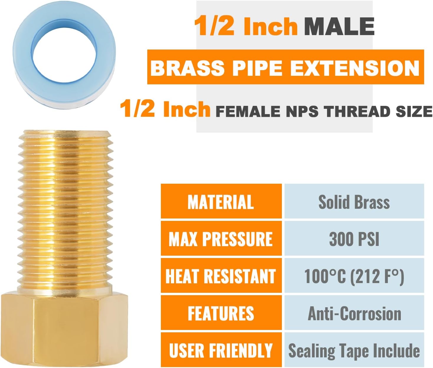 1/2'' Male to Female Brass Pipe Extension Fittings for Tub Spout - 2 Pcs, 50MM Length
