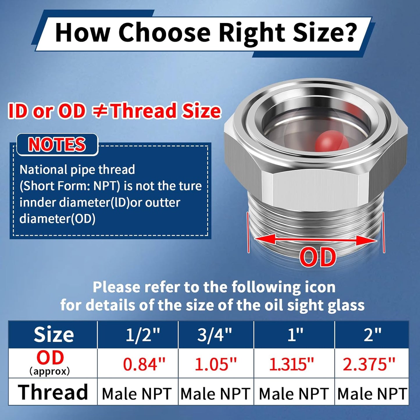 1/2'' NPT Stainless Steel Oil Sight Glass with Float Ball for Air Compressor - Tank Oil Level Indicator