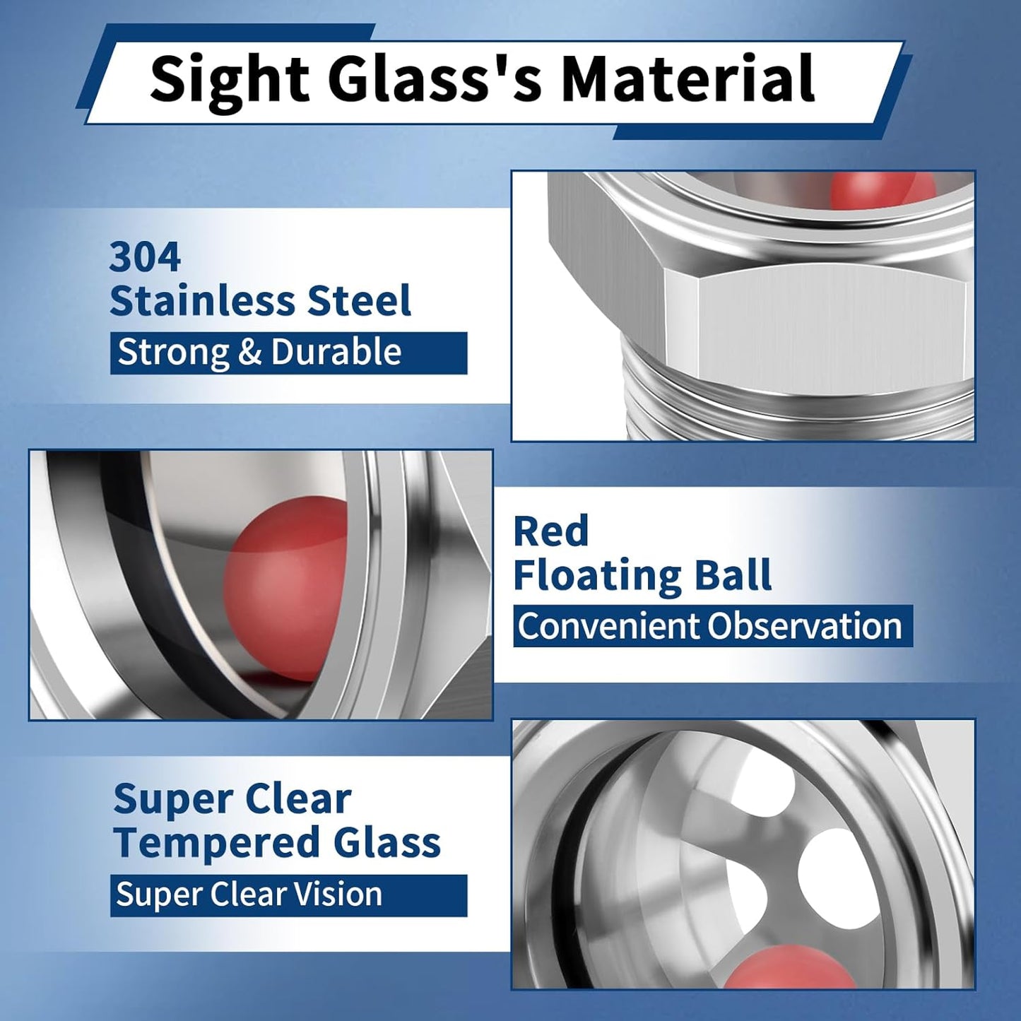 1/2'' NPT Stainless Steel Oil Sight Glass with Float Ball for Air Compressor - Tank Oil Level Indicator