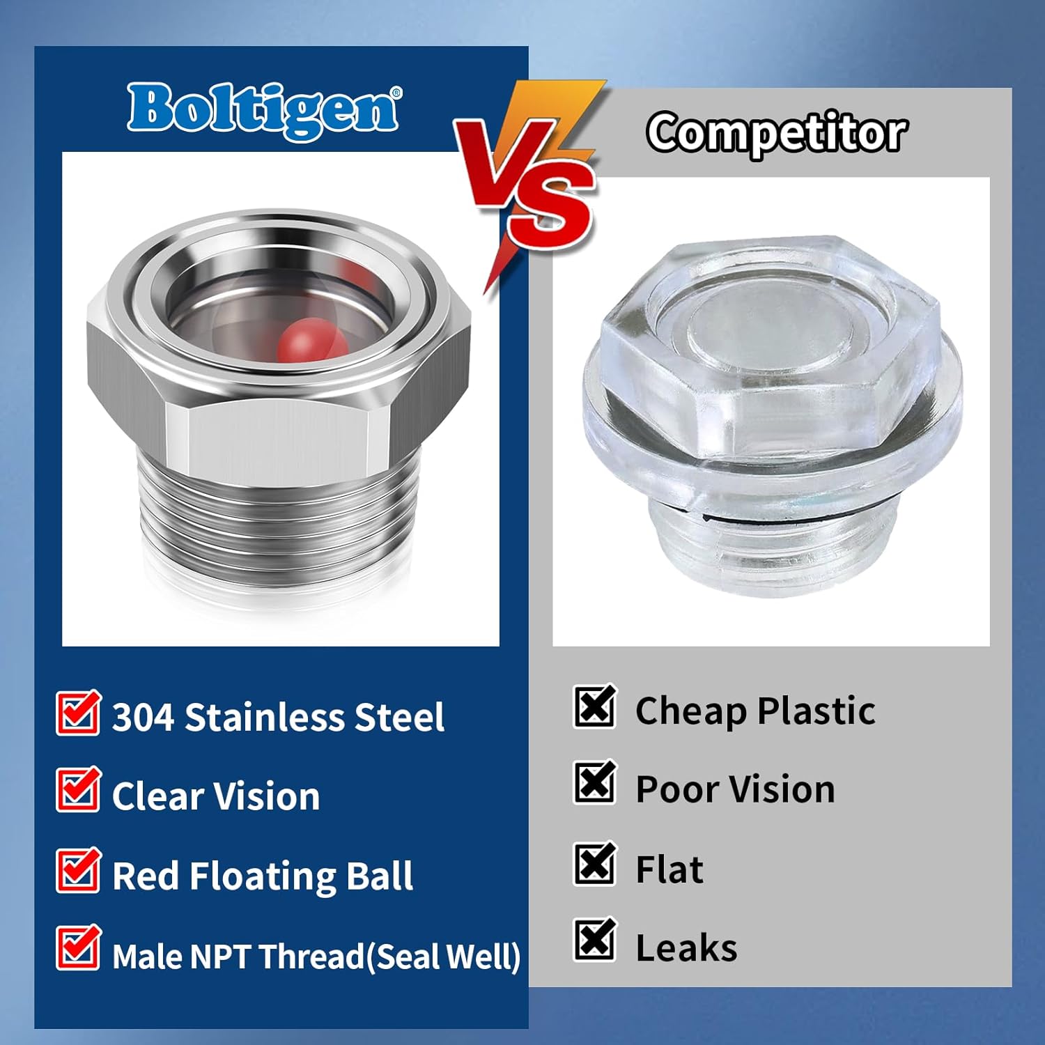 1/2'' NPT Stainless Steel Oil Sight Glass with Float Ball for Air Compressor - Tank Oil Level Indicator