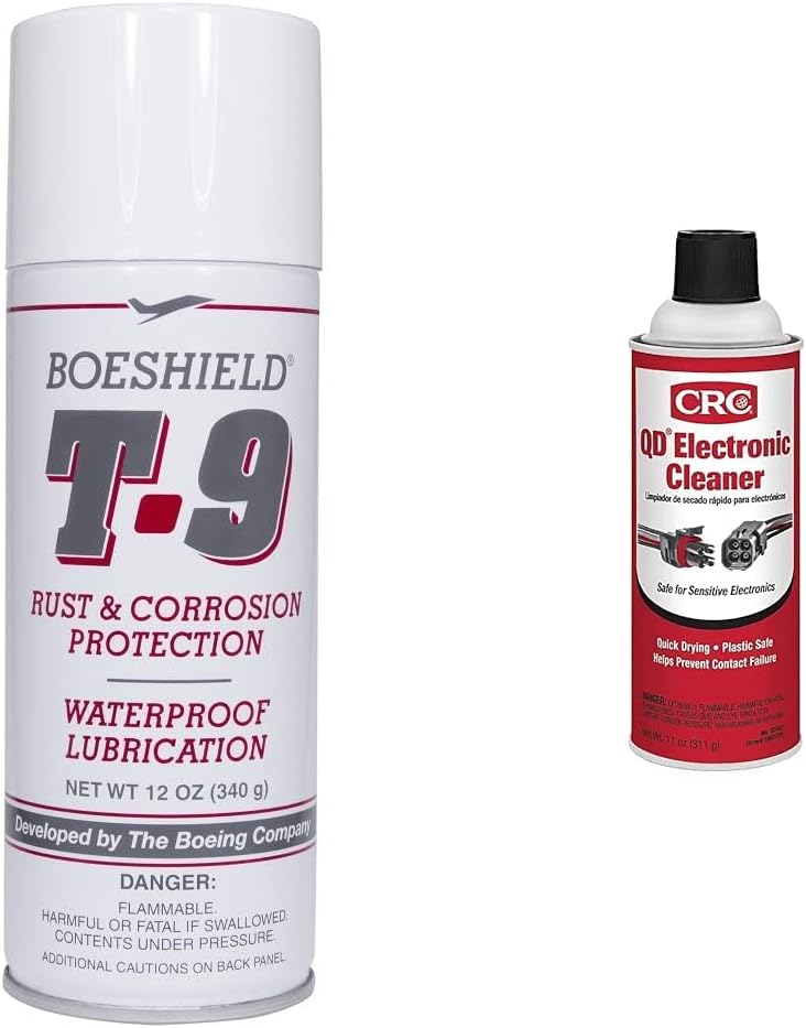 12 oz Boeshield T-9 Rust & Corrosion Protection Spray with Waterproof Lubrication + CRC 05103 QD Electronic Cleaner, 11 oz