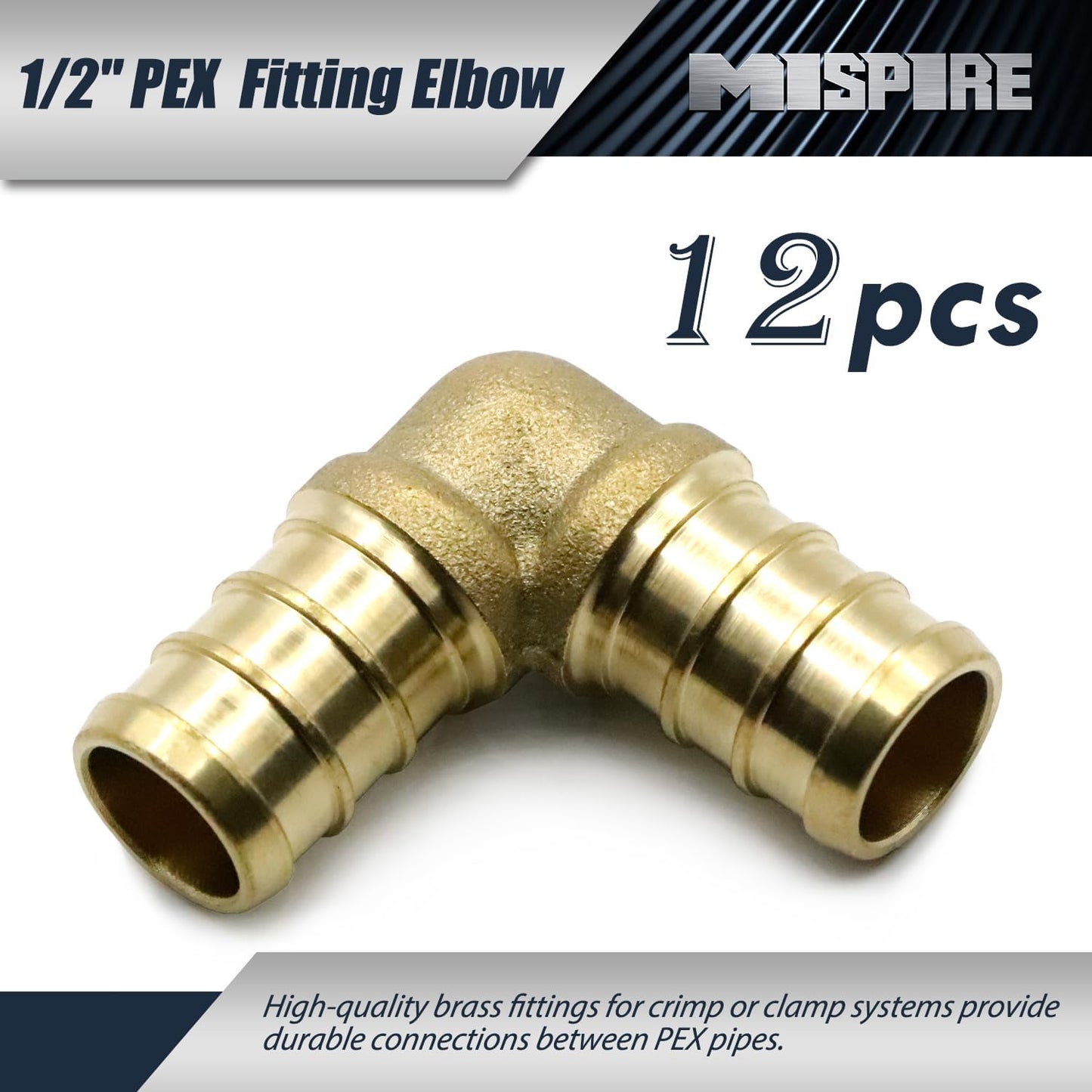 (12-Pack) 1/2" 90 Degree Elbow Barb Crimp Fittings for PEX Pipe - Lead-Free Brass Fittings by MISPIRE