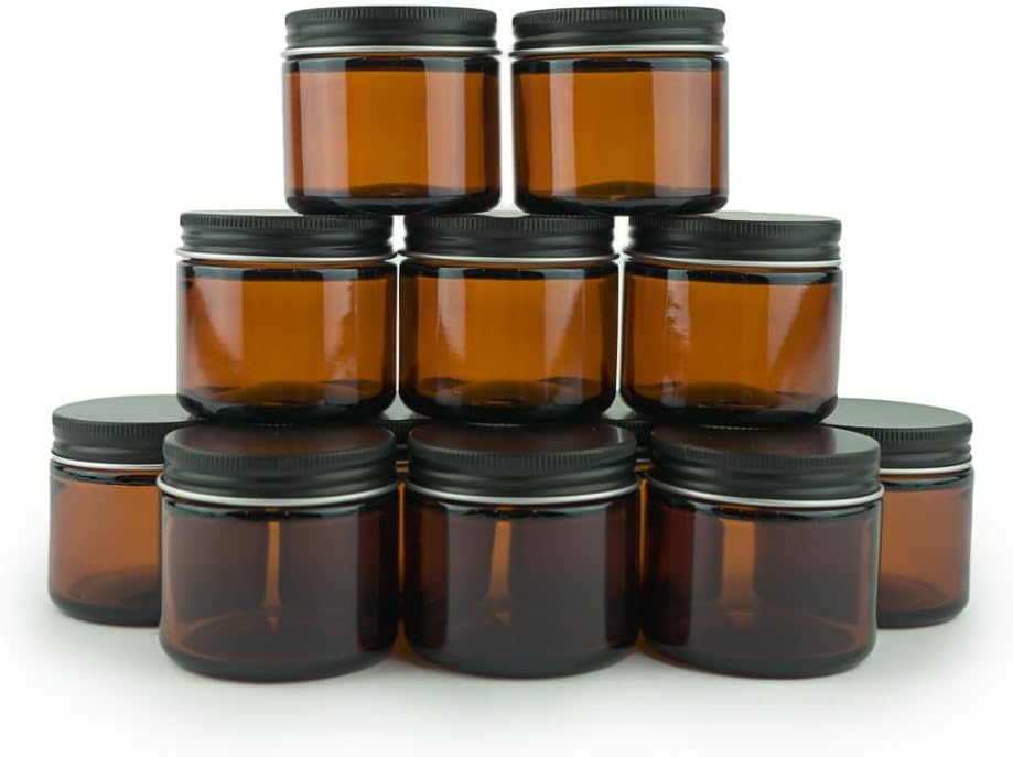 12-Pack 2oz Empty Amber Glass Jars with Black Lids for Beauty Products, Lotions, Powders, and Candles