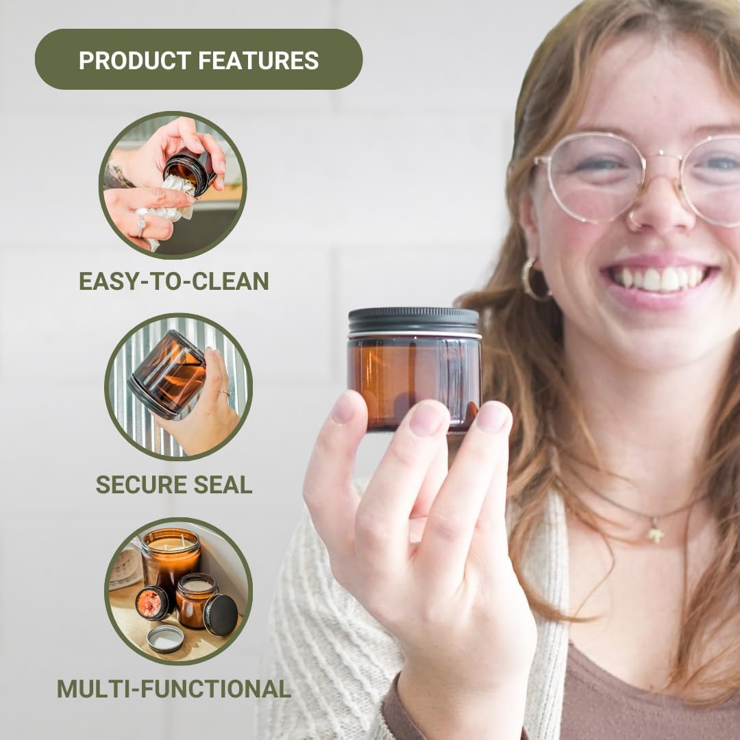 12-Pack 2oz Empty Amber Glass Jars with Black Lids for Beauty Products, Lotions, Powders, and Candles