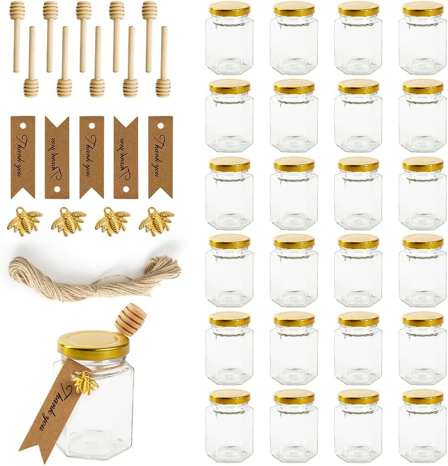 12 Pack 4oz Glass Hexagon Honey Jars with Wooden Dipper Sticks and Bee Charms - Wedding Favors and Party Gifts