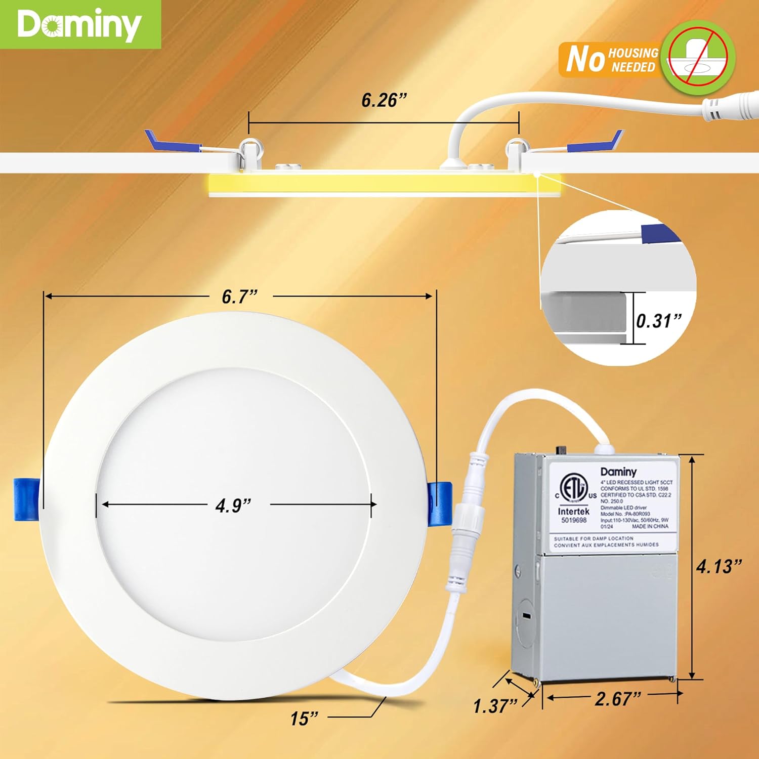 12-Pack DAMINY 6 Inch 5CCT LED Recessed Light with Night Light - Ultra-Thin, Canless, 12W=110W, 1000LM, Dimmable Wafer Lights - ETL Certified