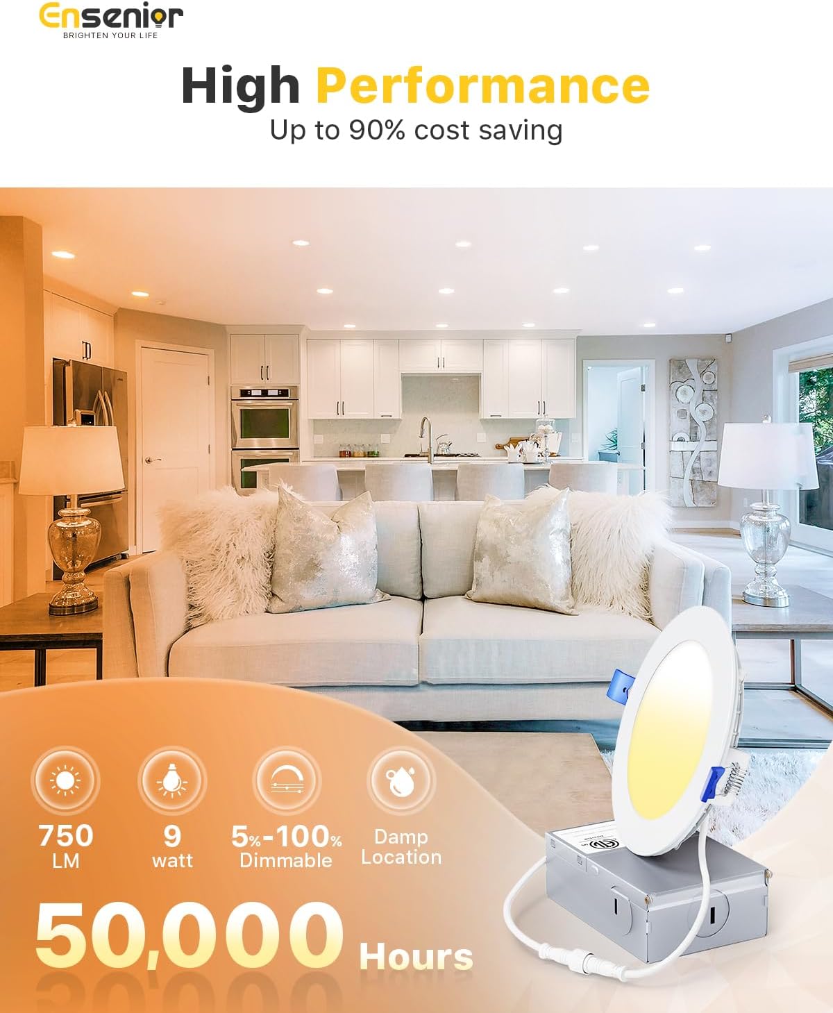 12 Pack Ensenior 4 Inch Ultra-Thin LED Recessed Lights with Junction Box, Selectable Color Temperature, Dimmable, ETL Certified