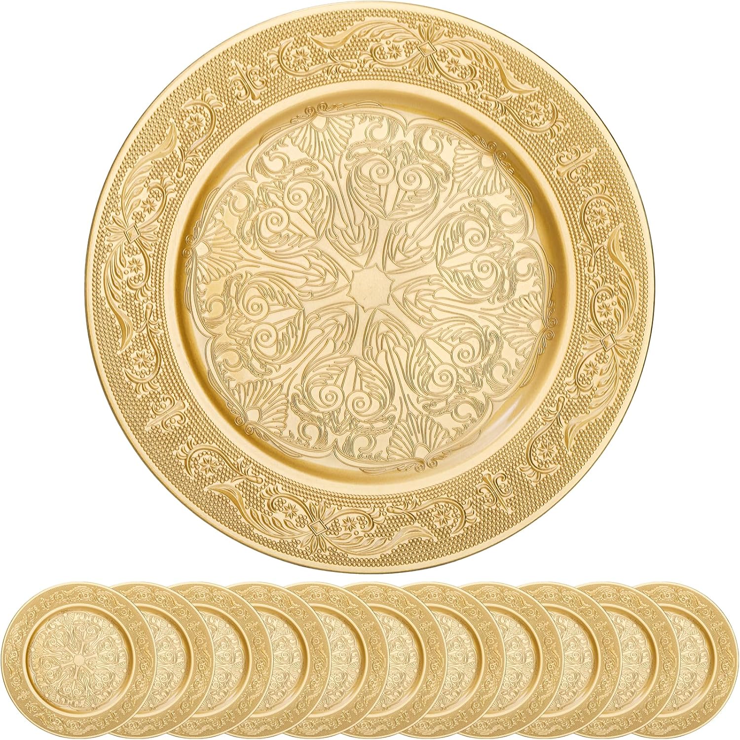 12 Pack Gold Charger Plates, 13 Inch Round Chargers for Dinner Plates - Decorative Plastic Table Chargers for Wedding and Holiday Parties