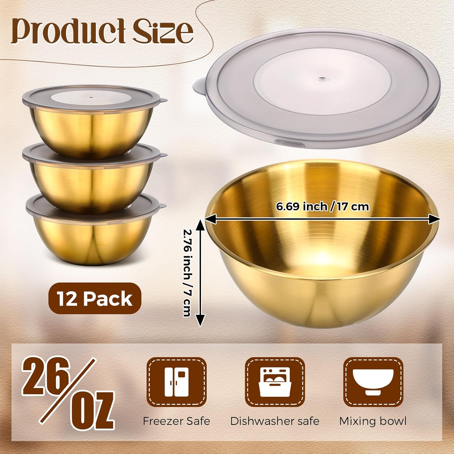 12 Pack Gold Mixing Bowls with Airtight Lids - Stainless Steel Serving Bowls for Salad, Fruit, Soup - Kitchen Accessories