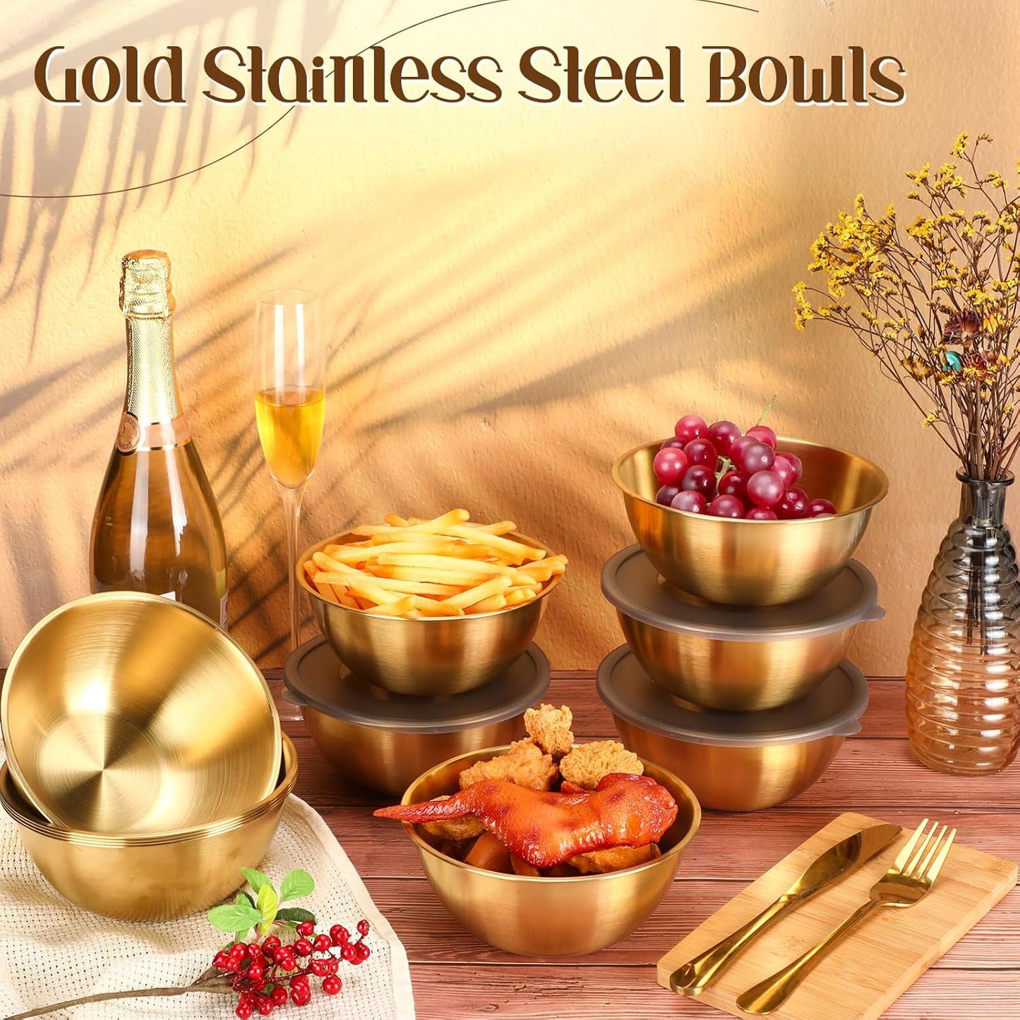 12 Pack Gold Mixing Bowls with Airtight Lids - Stainless Steel Serving Bowls for Salad, Fruit, Soup - Kitchen Accessories