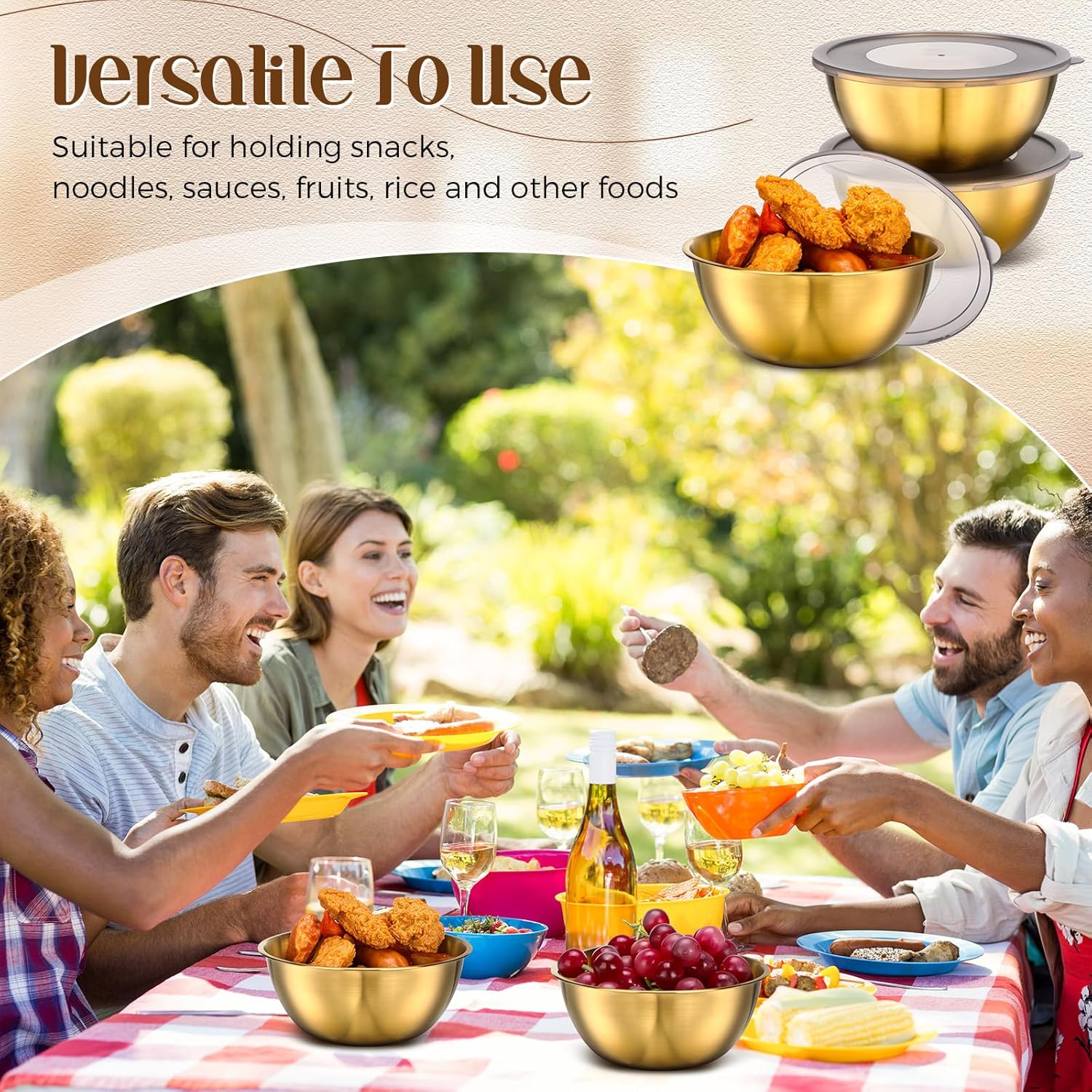 12 Pack Gold Mixing Bowls with Airtight Lids - Stainless Steel Serving Bowls for Salad, Fruit, Soup - Kitchen Accessories