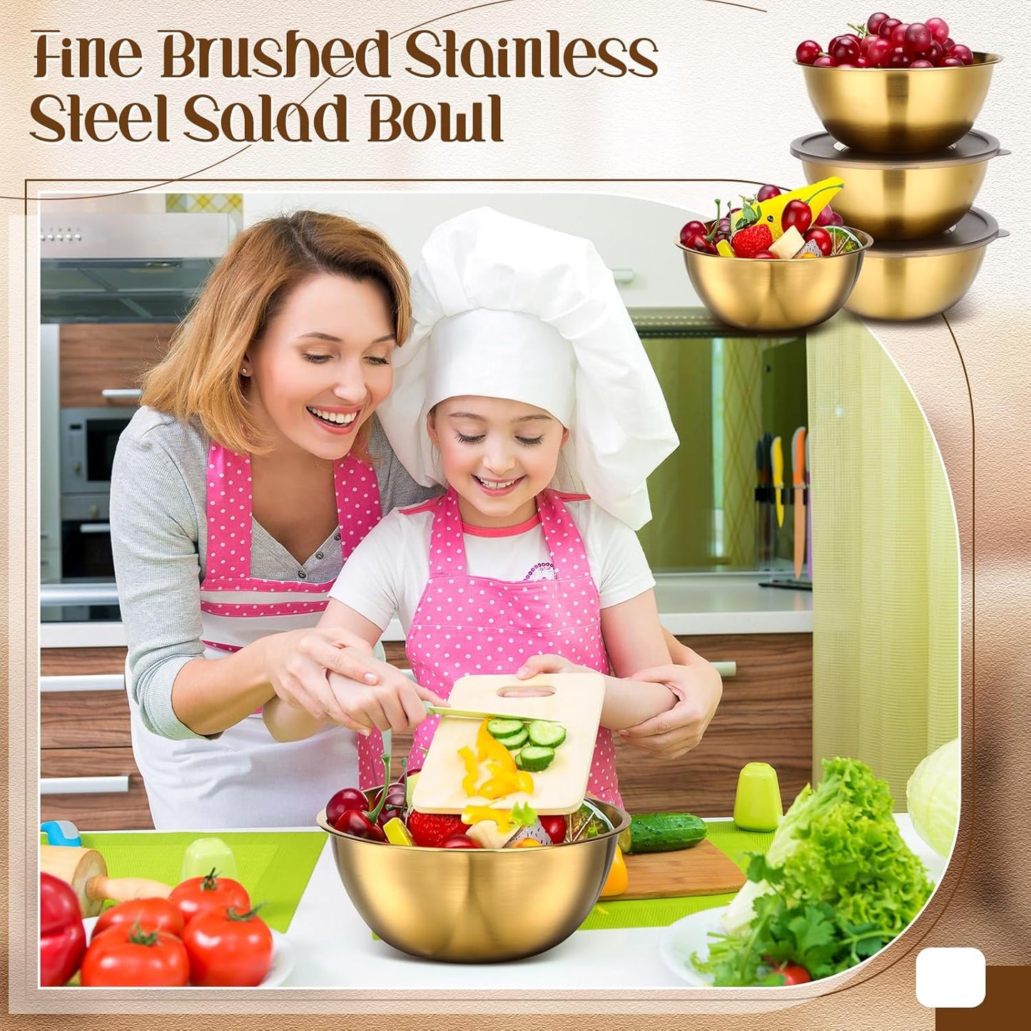 12 Pack Gold Mixing Bowls with Airtight Lids - Stainless Steel Serving Bowls for Salad, Fruit, Soup - Kitchen Accessories