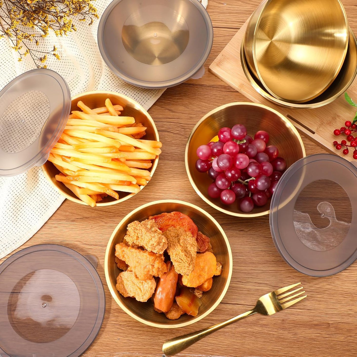 12 Pack Gold Mixing Bowls with Airtight Lids - Stainless Steel Serving Bowls for Salad, Fruit, Soup - Kitchen Accessories