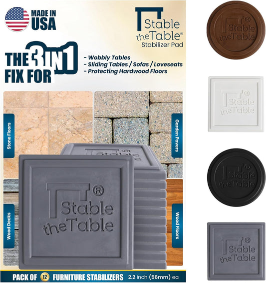 12-Pack Grey Square Furniture Levelers & Risers - Anti-Slip Grippers for Hardwood Floors - Stacking Furniture Pads for Bed, Desk, Couch & Table Stability - Floor Protectors - Made in USA