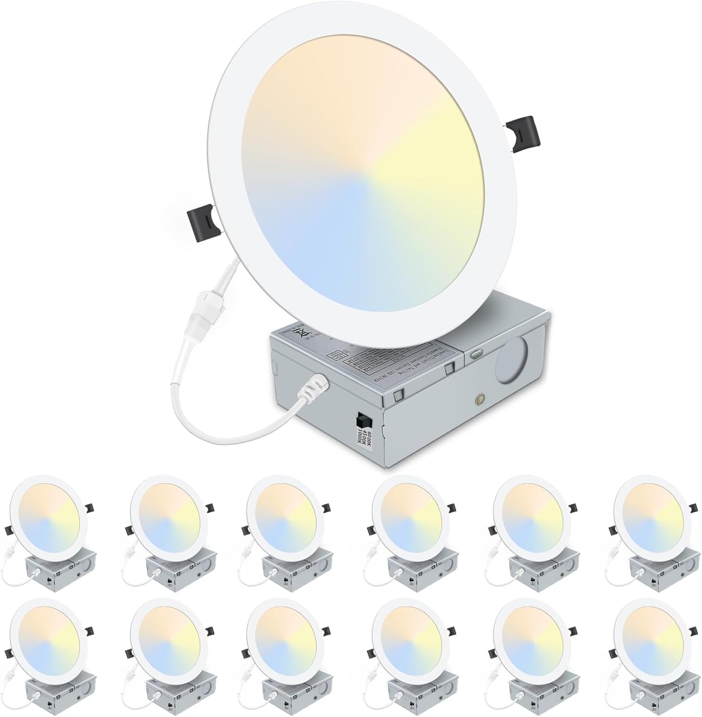 12 Pack LZHOME 8 Inch LED Recessed Lighting with Junction Box - Ultra-Thin Dimmable Canless Downlight - 3000K/4500K/6000K Selectable - 1800LM CRI80 High Brightness