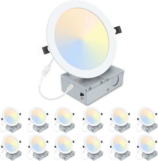 12 Pack LZHOME 8 Inch LED Recessed Lighting with Junction Box - Ultra-Thin Dimmable Canless Downlight - 3000K/4500K/6000K Selectable - 1800LM CRI80 High Brightness