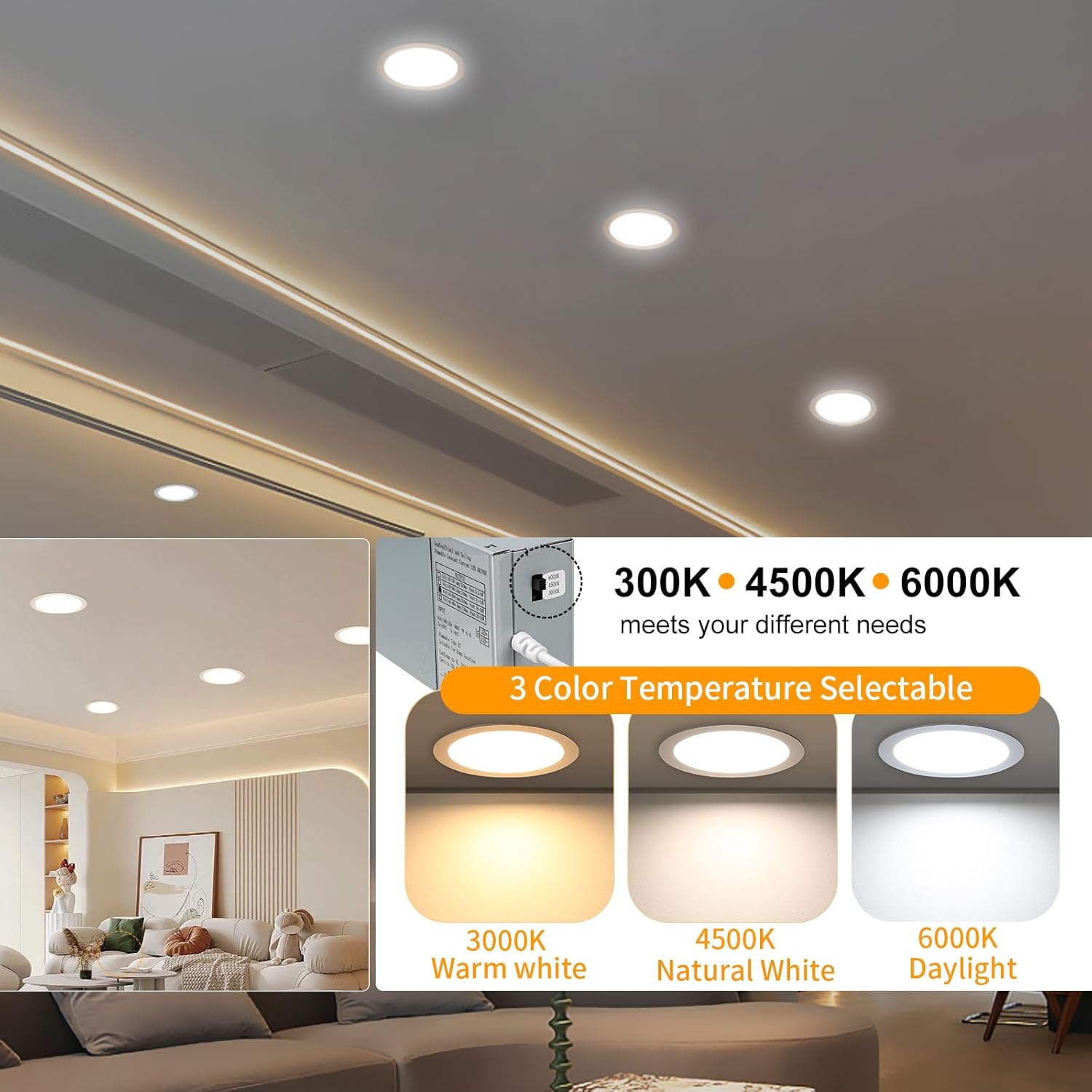 12 Pack LZHOME 8 Inch LED Recessed Lighting with Junction Box - Ultra-Thin Dimmable Canless Downlight - 3000K/4500K/6000K Selectable - 1800LM CRI80 High Brightness