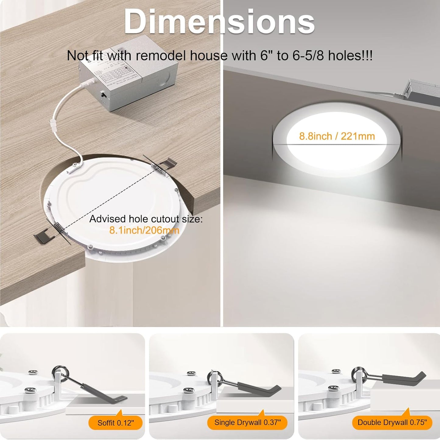 12 Pack LZHOME 8 Inch LED Recessed Lighting with Junction Box - Ultra-Thin Dimmable Canless Downlight - 3000K/4500K/6000K Selectable - 1800LM CRI80 High Brightness