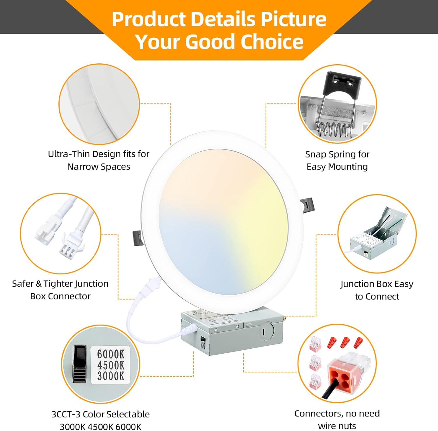 12 Pack LZHOME 8 Inch LED Recessed Lighting with Junction Box - Ultra-Thin Dimmable Canless Downlight - 3000K/4500K/6000K Selectable - 1800LM CRI80 High Brightness