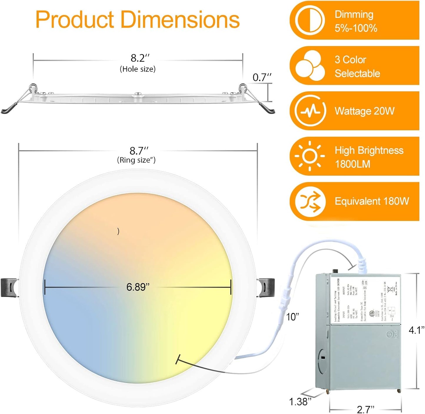 12 Pack LZHOME 8 Inch LED Recessed Lighting with Junction Box - Ultra-Thin Dimmable Canless Downlight - 3000K/4500K/6000K Selectable - 1800LM CRI80 High Brightness