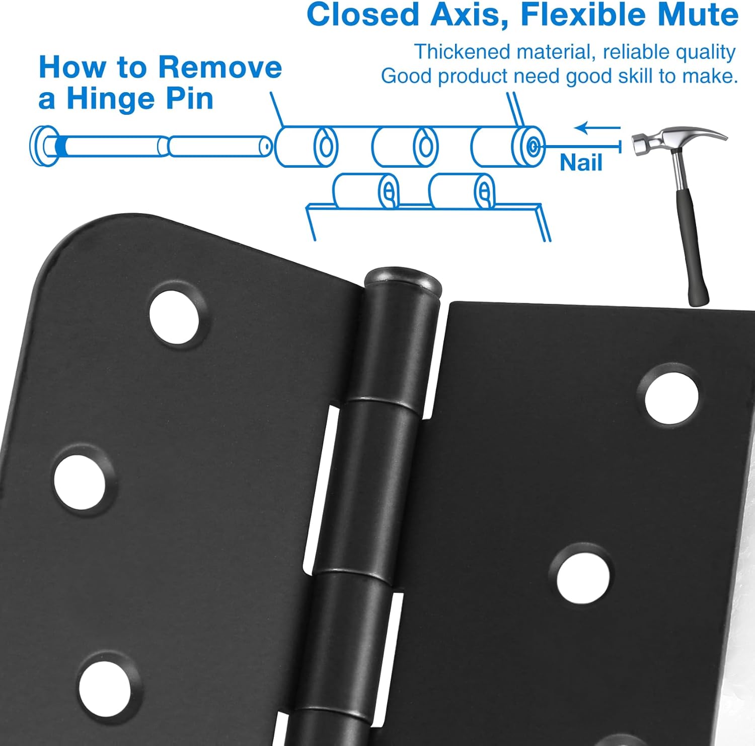 12 Pack Matte Black Door Hinges 4 Inch - Interior/Exterior Square Rounded Hinges for Doors - Reversible Full Mortise Combination Hardware