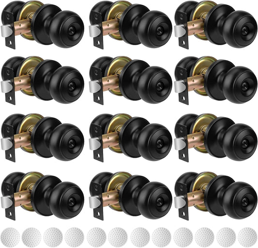 12 Pack Matte Black Privacy Door Knobs Set - Keyless Interior/Exterior Lockset with Hardware and Wall Protector - Ideal for Bedroom/Bathroom