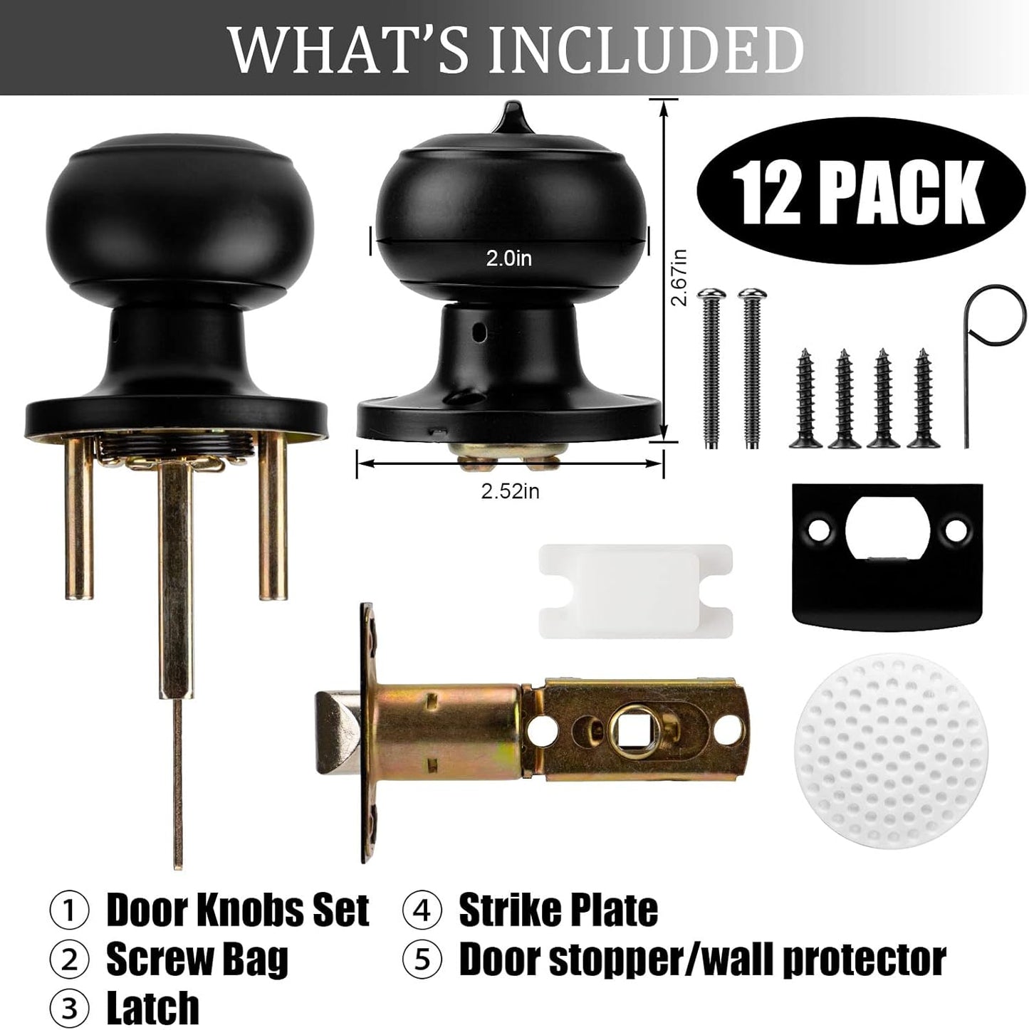 12 Pack Matte Black Privacy Door Knobs Set - Keyless Interior/Exterior Lockset with Hardware and Wall Protector - Ideal for Bedroom/Bathroom