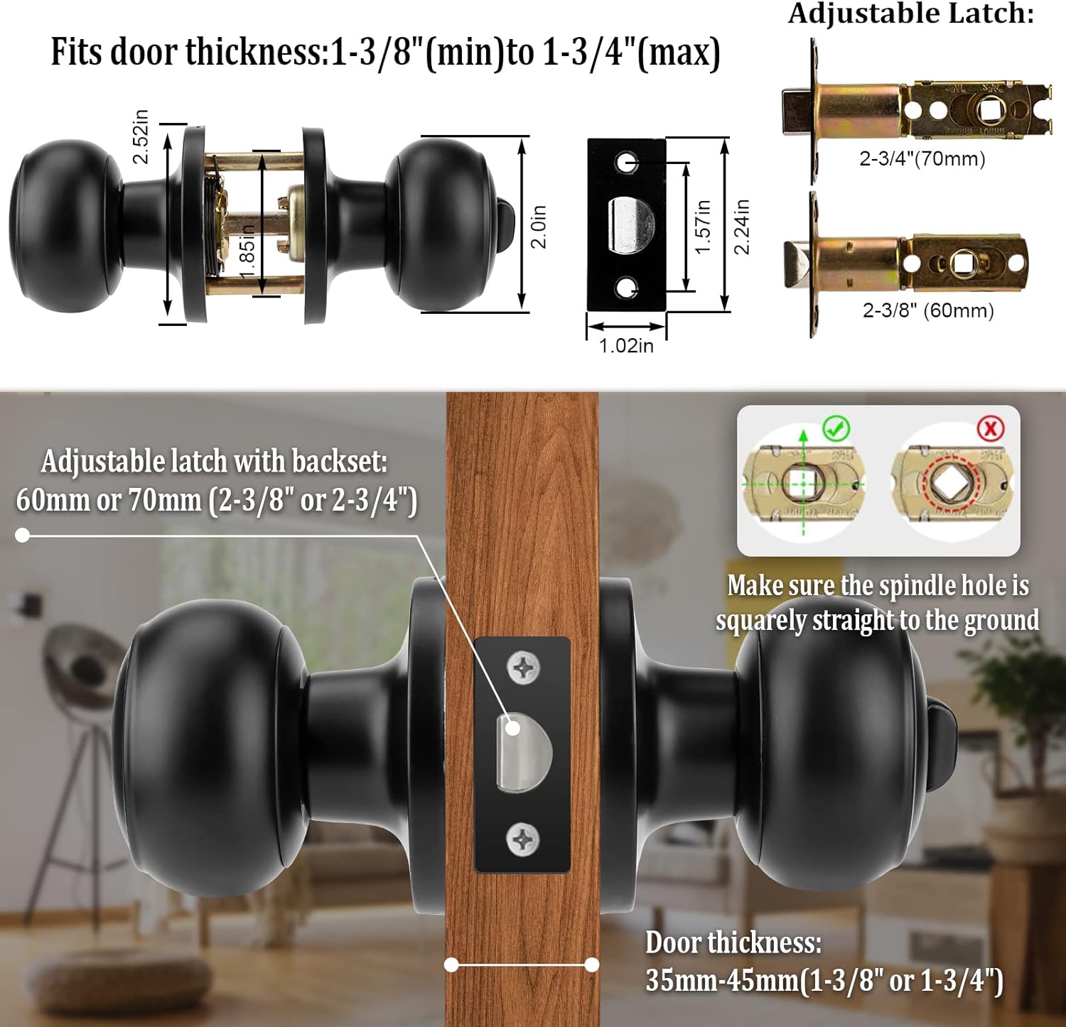 12 Pack Matte Black Privacy Door Knobs Set - Keyless Interior/Exterior Lockset with Hardware and Wall Protector - Ideal for Bedroom/Bathroom