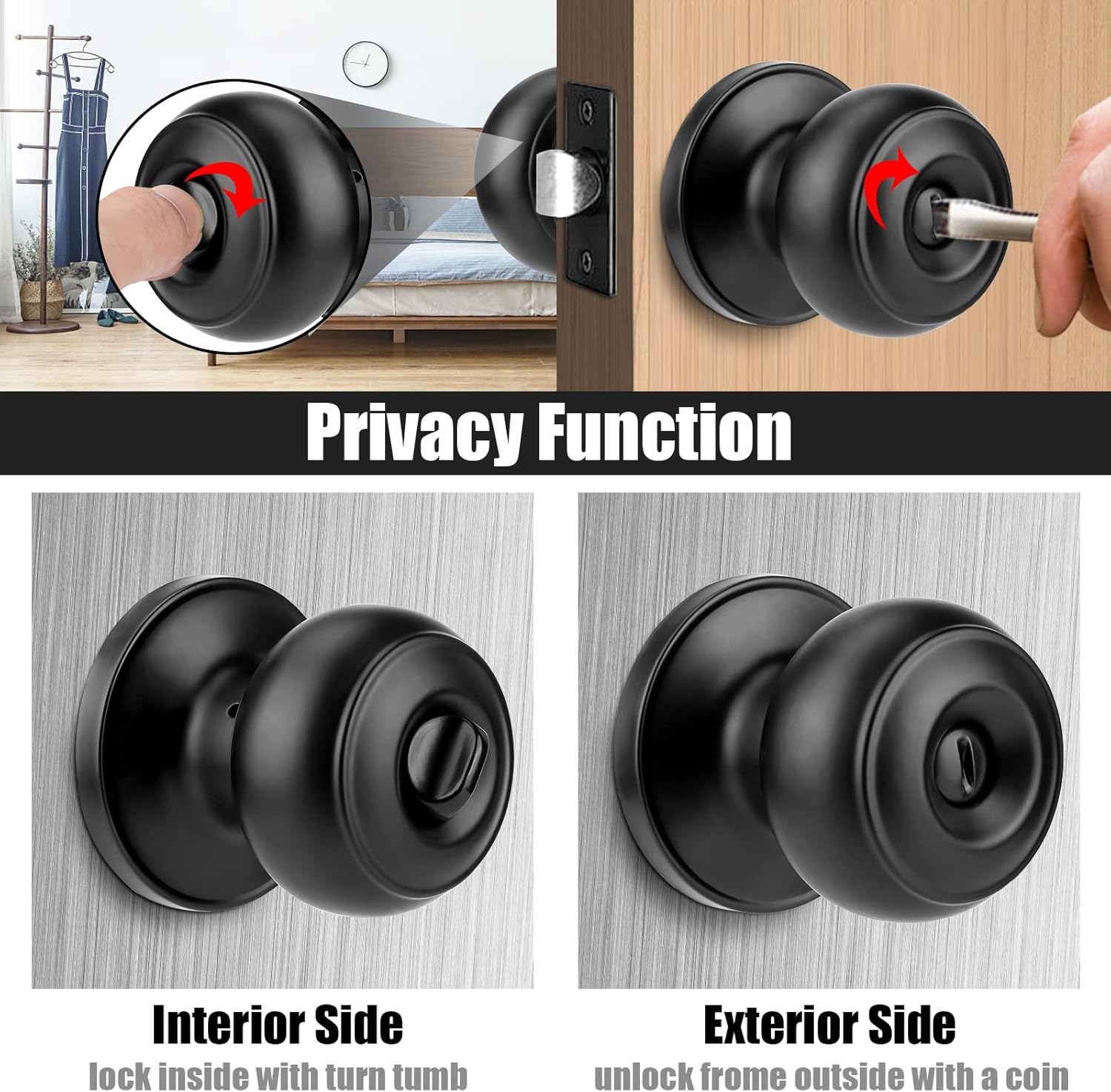 12 Pack Matte Black Privacy Door Knobs Set - Keyless Interior/Exterior Lockset with Hardware and Wall Protector - Ideal for Bedroom/Bathroom