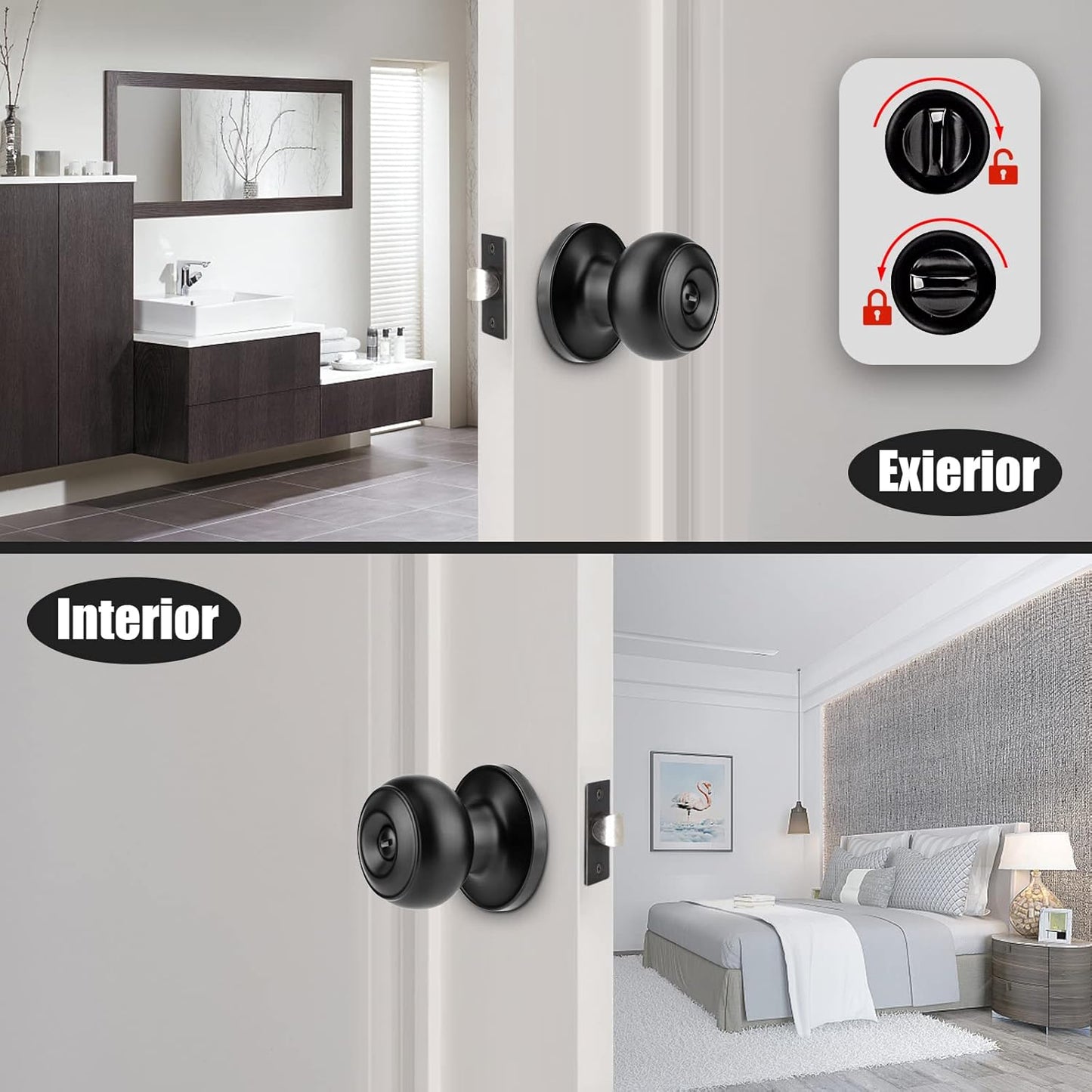 12 Pack Matte Black Privacy Door Knobs Set - Keyless Interior/Exterior Lockset with Hardware and Wall Protector - Ideal for Bedroom/Bathroom