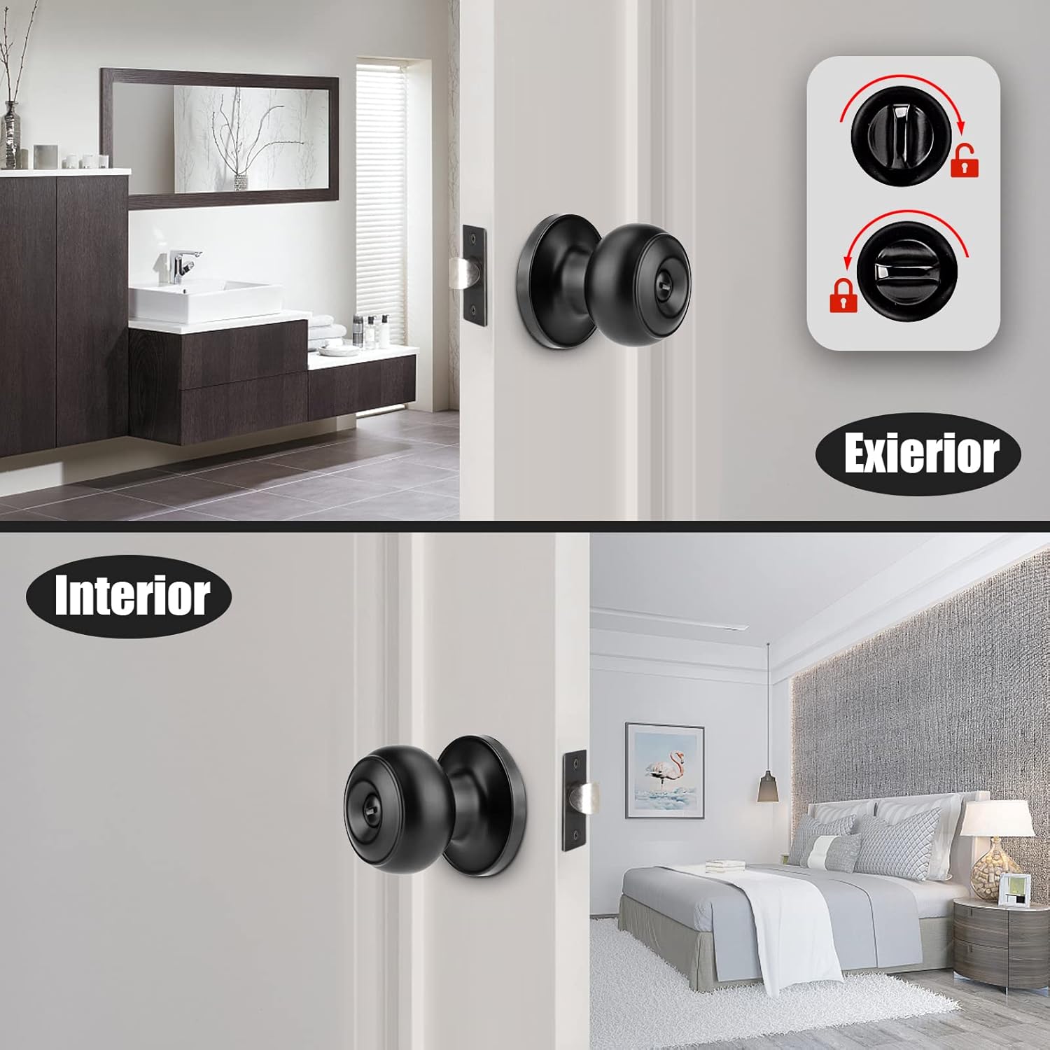 12 Pack Matte Black Privacy Door Knobs Set - Keyless Interior/Exterior Lockset with Hardware and Wall Protector - Ideal for Bedroom/Bathroom