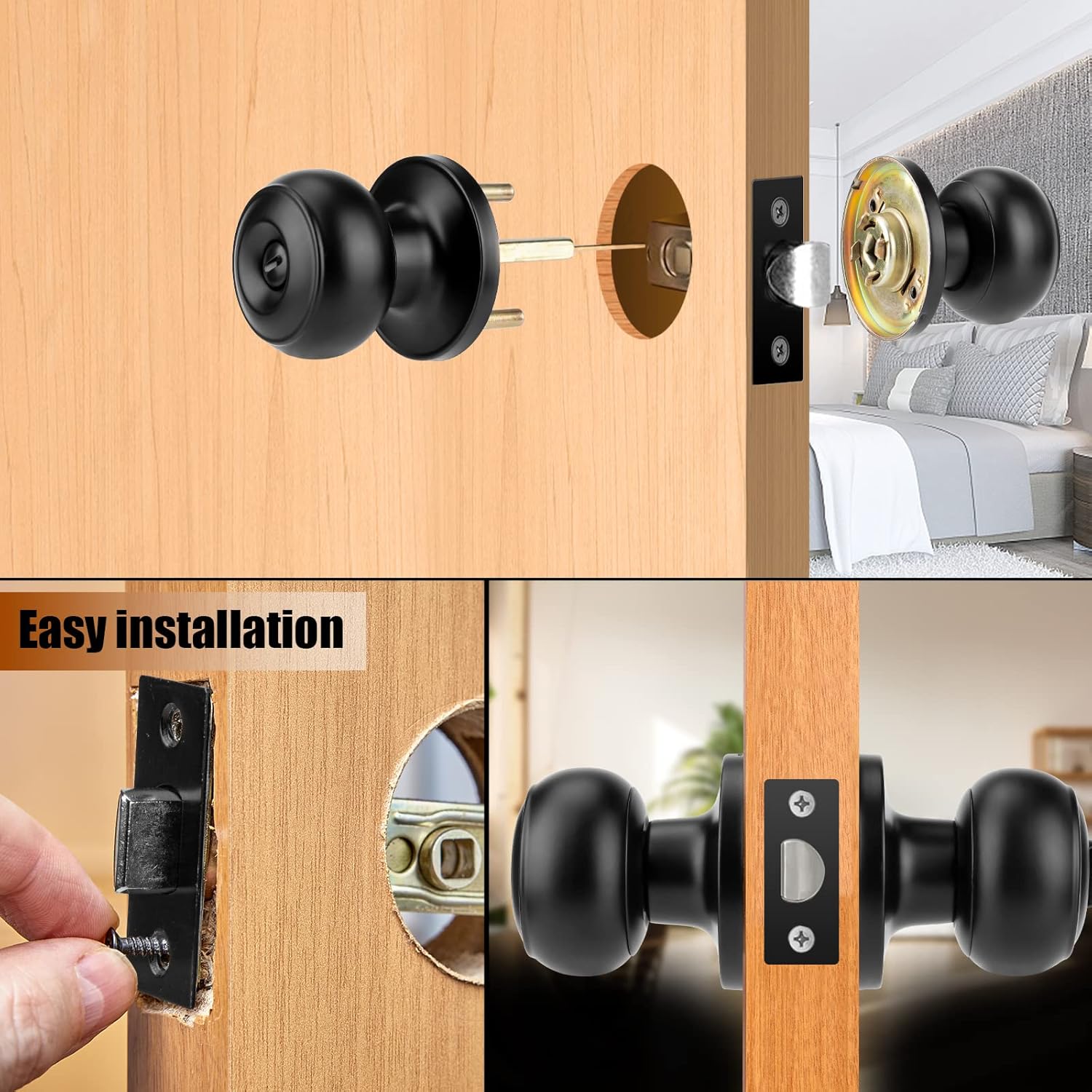 12 Pack Matte Black Privacy Door Knobs Set - Keyless Interior/Exterior Lockset with Hardware and Wall Protector - Ideal for Bedroom/Bathroom